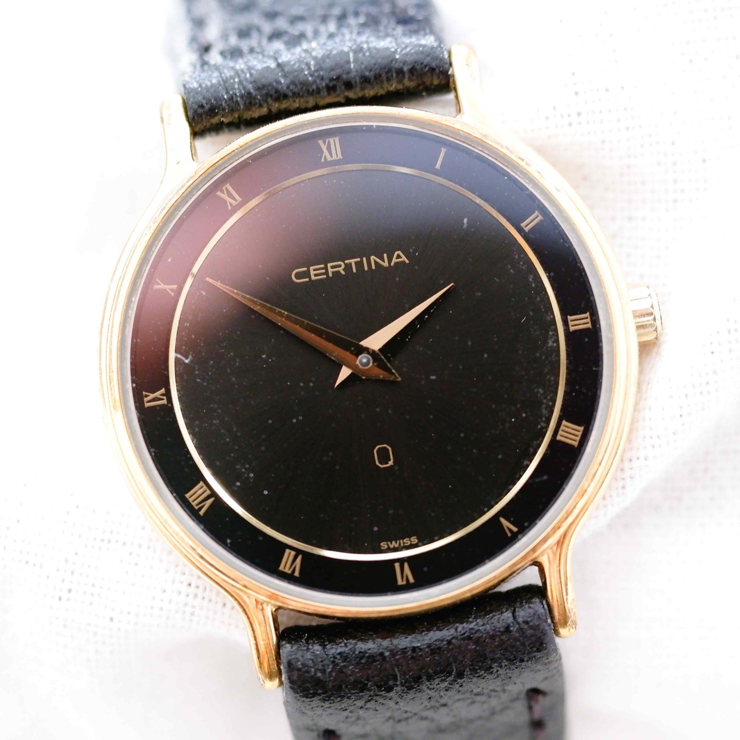 Certina Vintage Ladies Watch: 90s Gold, Black Dial and Roman Numerals | First Front Side