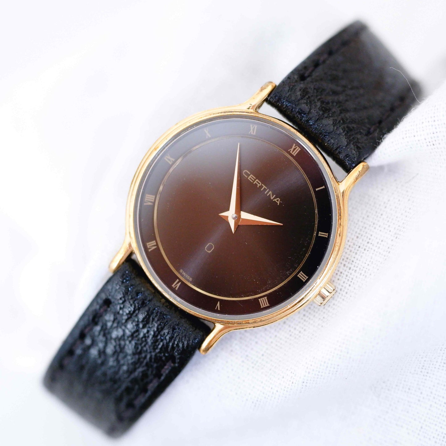 Certina Vintage Ladies Watch: 90s Gold, Black Dial and Roman Numerals | Second Front Side