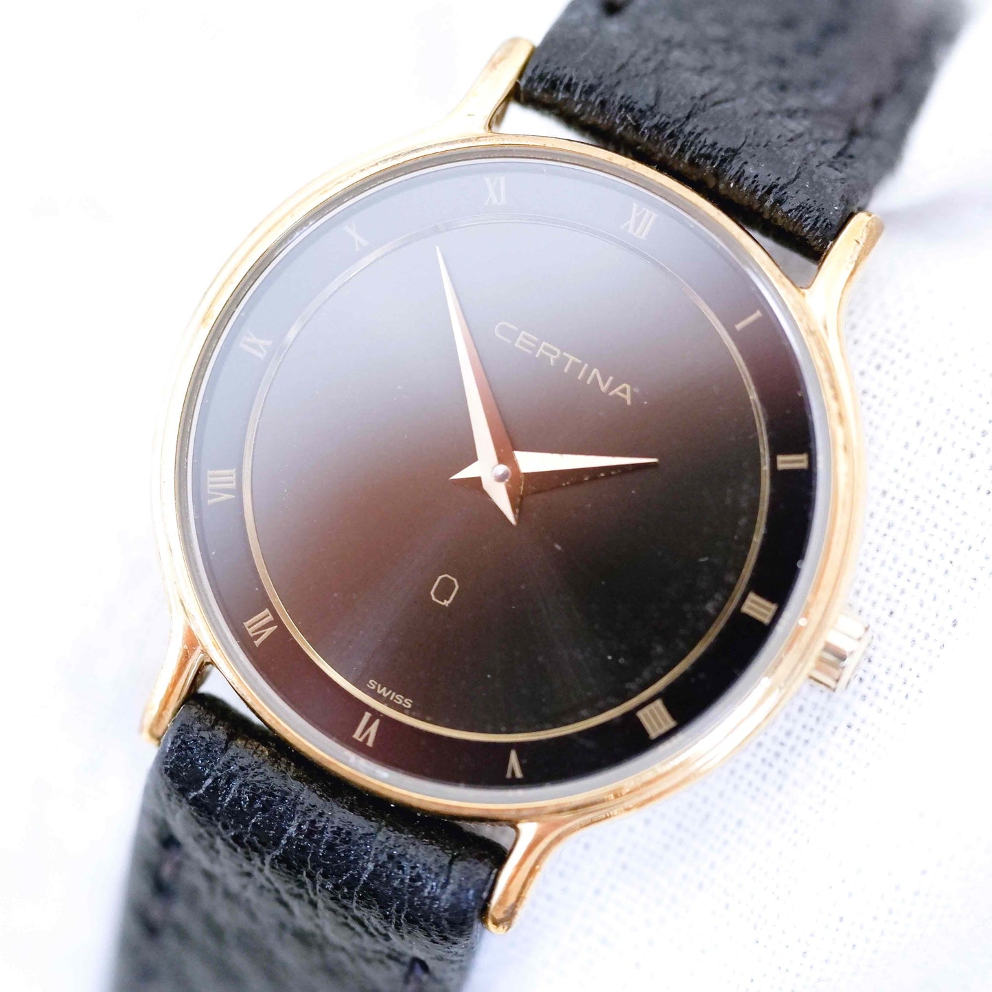 Certina Vintage Ladies Watch: 90s Gold, Black Dial and Roman Numerals | Slight Right Side