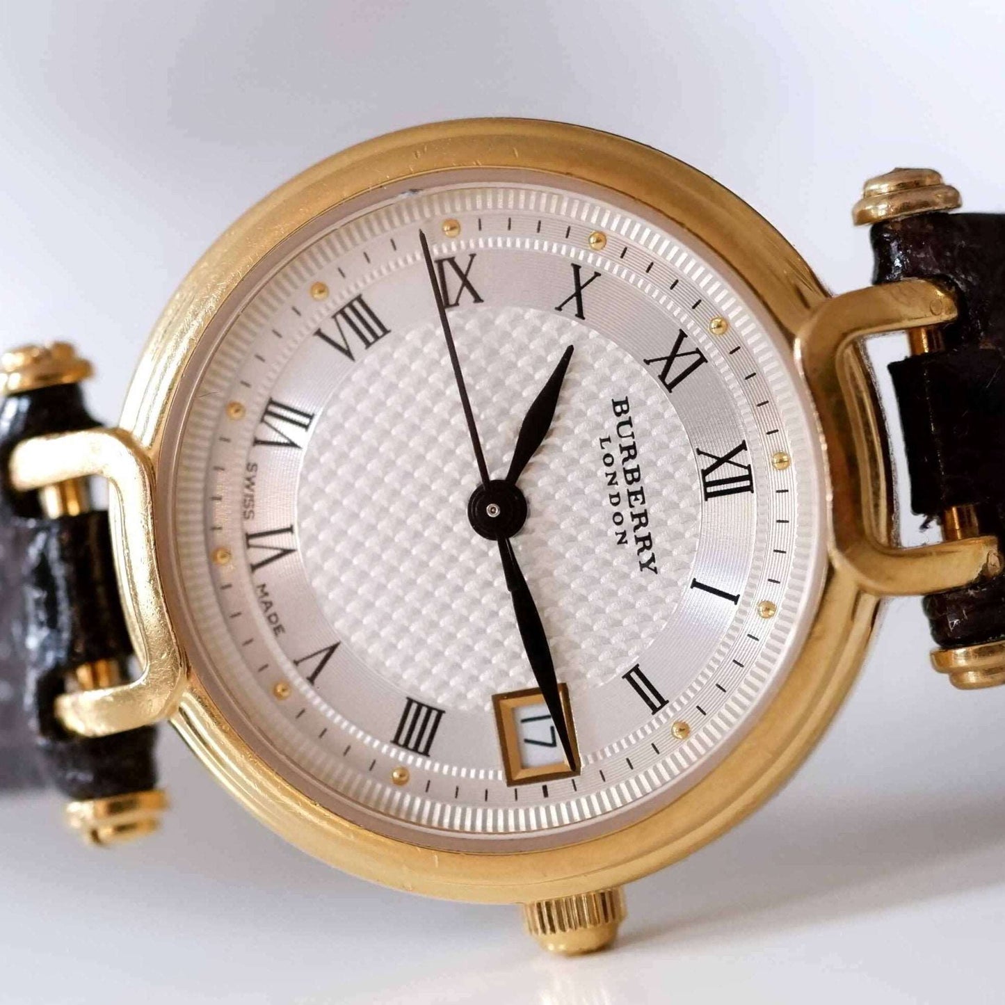 Burberry Vintage Ladies Watch: 90s Golden, Roman Numerals, Guilloche Dial | Third Front Side