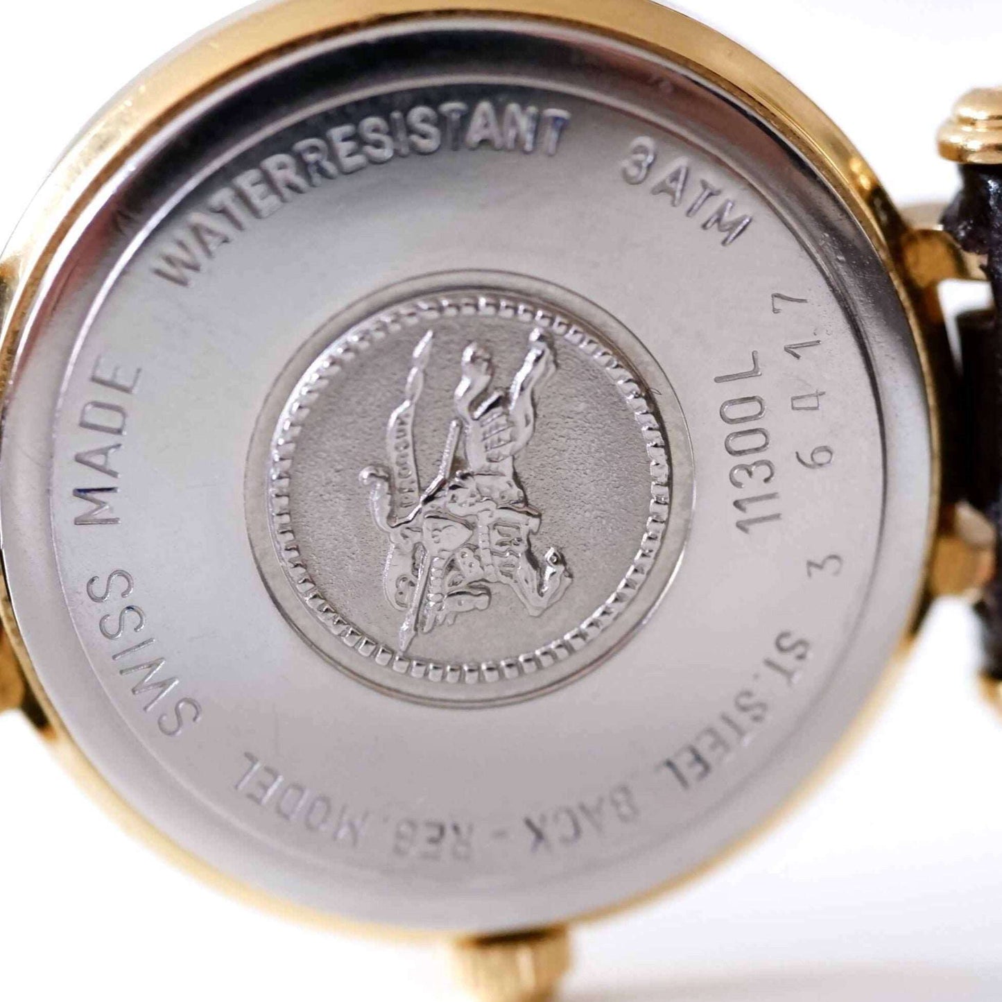 Burberry Vintage Ladies Watch: 90s Golden, Roman Numerals, Guilloche Dial | Back Side Close