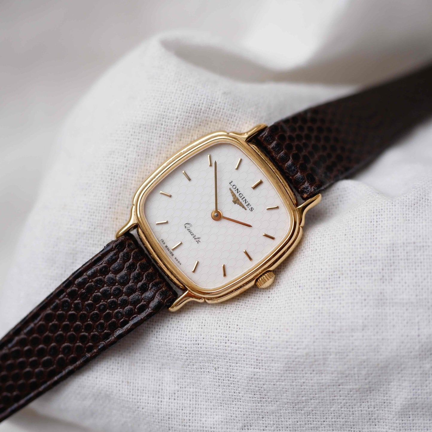 Longines Vintage Watch: Ladies 80s Gold Structured White Dial with Box