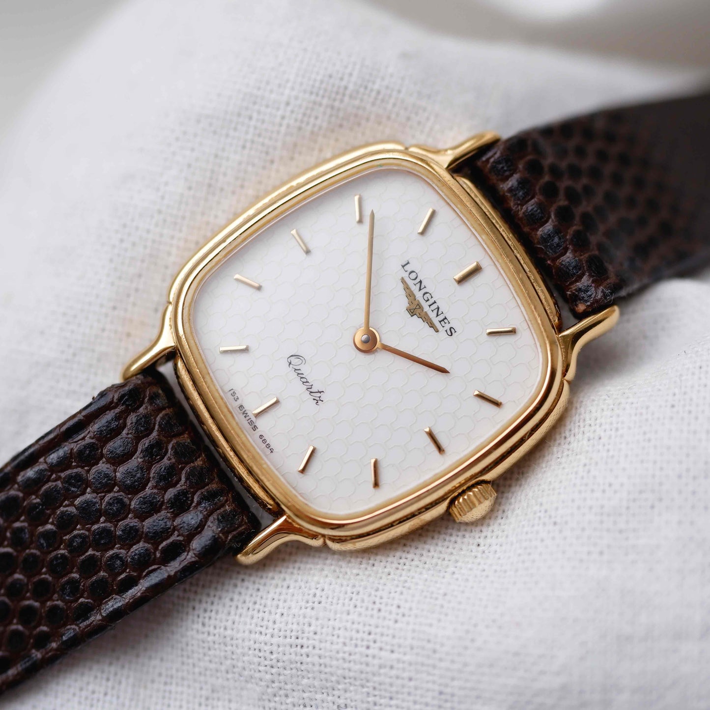 Longines Vintage Watch: Ladies 80s Gold Structured White Dial with Box