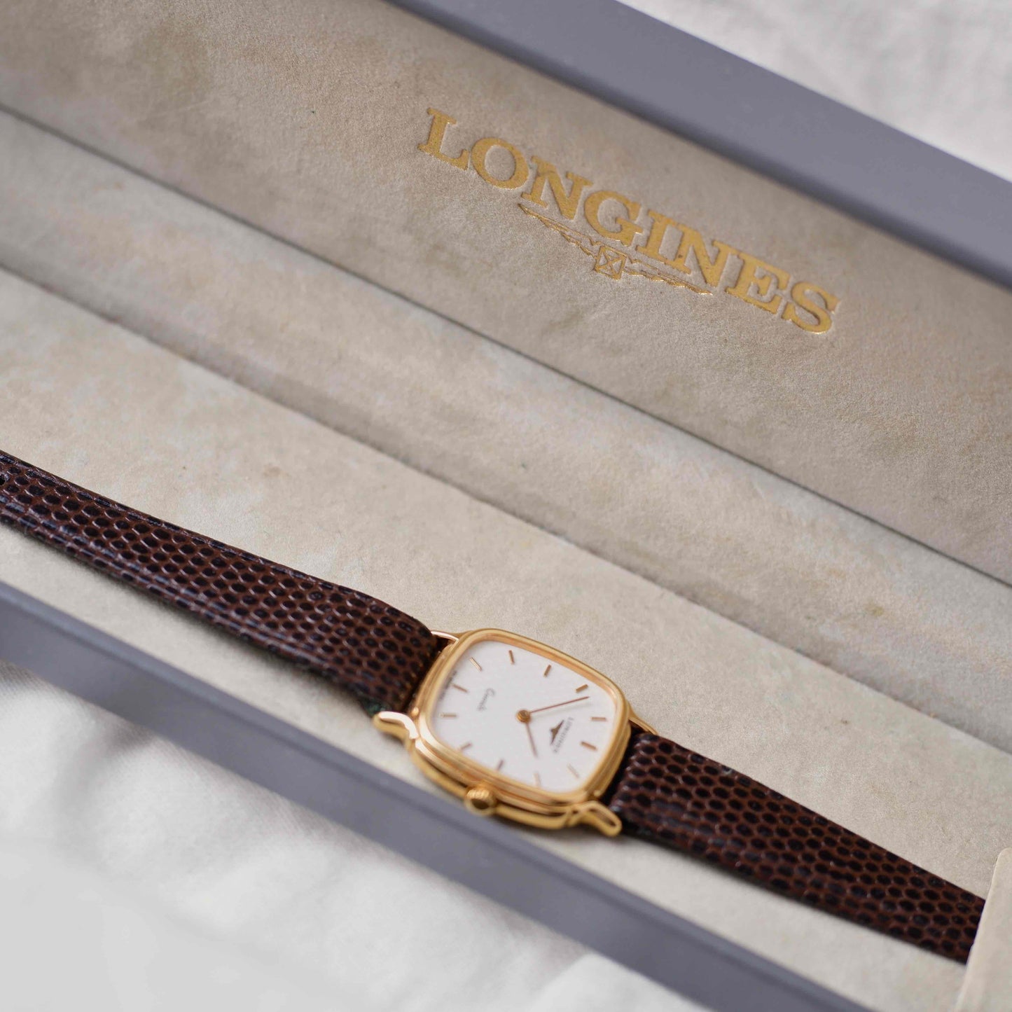 Longines Vintage Watch: Ladies 80s Gold Structured White Dial with Box