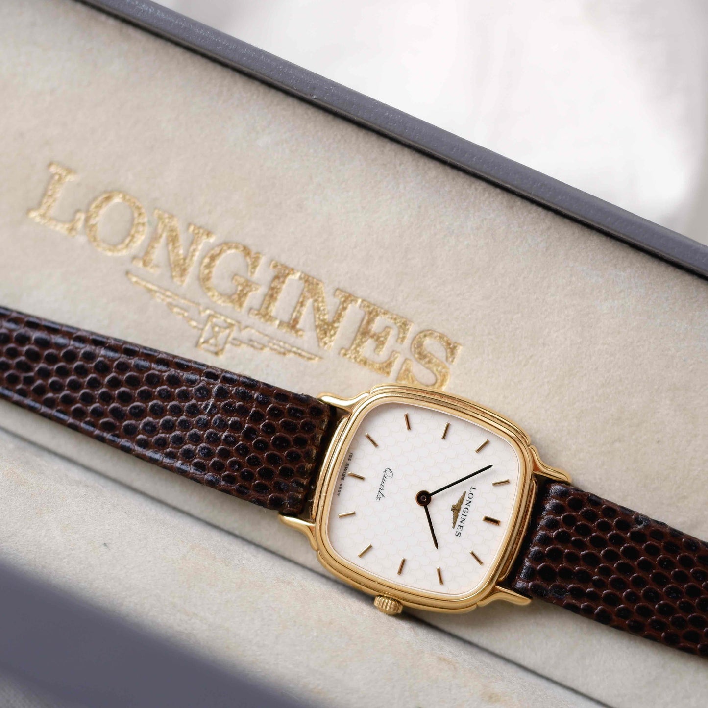 Longines Vintage Watch: Ladies 80s Gold Structured White Dial with Box