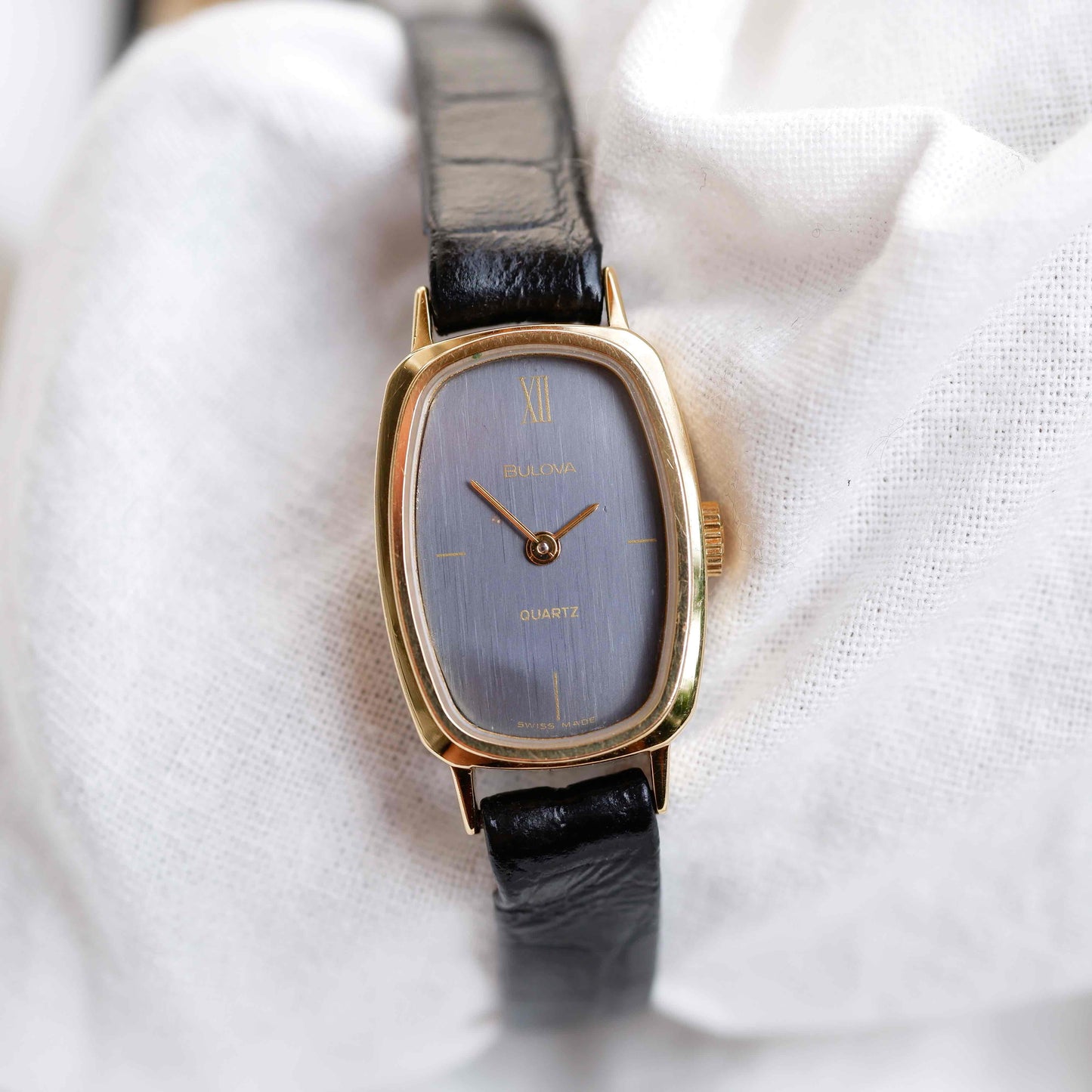 Bulova Tank Watch: Vintage Ladies Golden Watch 80s Blue Dial - NOS