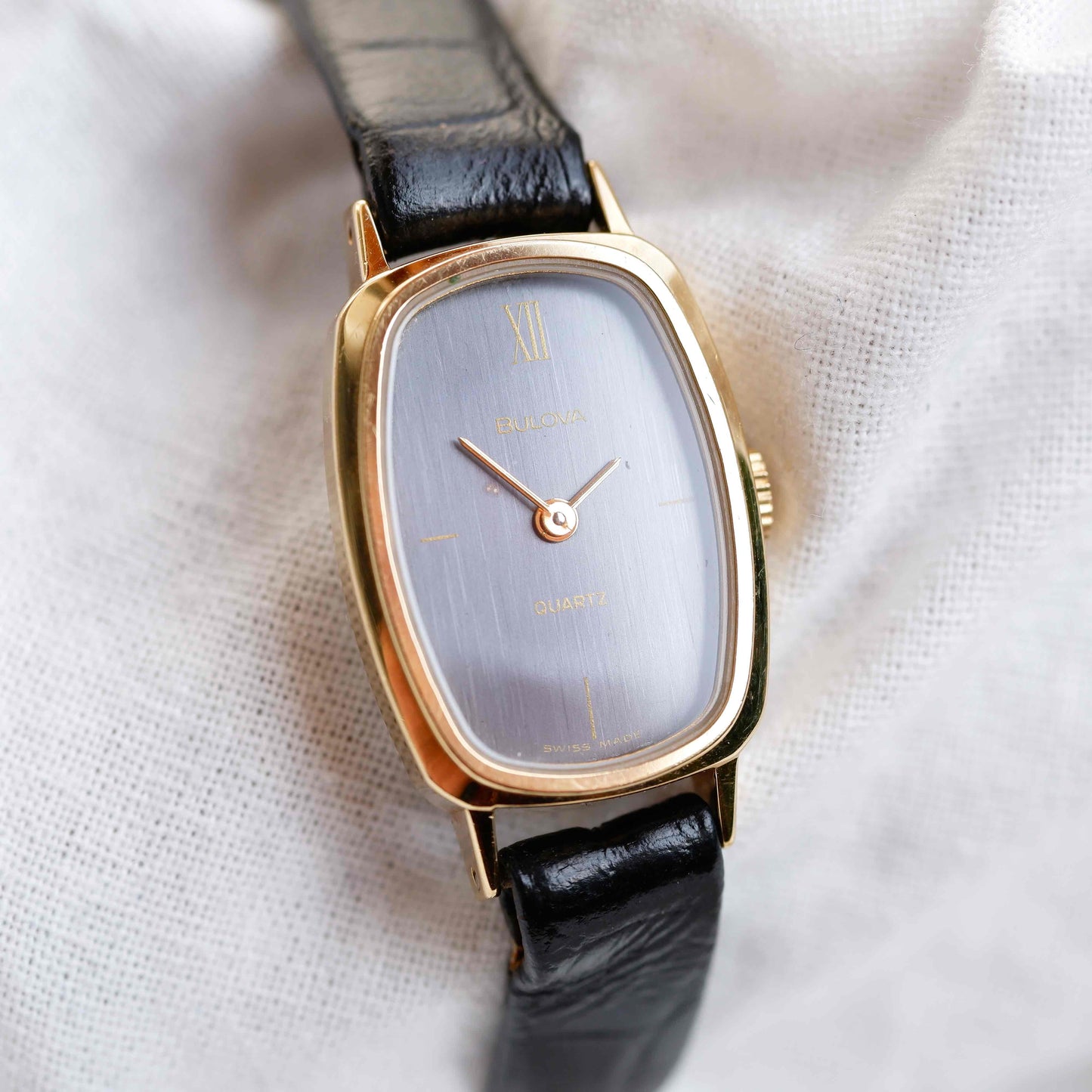 Bulova Tank Watch: Vintage Ladies Golden Watch 80s Blue Dial - NOS