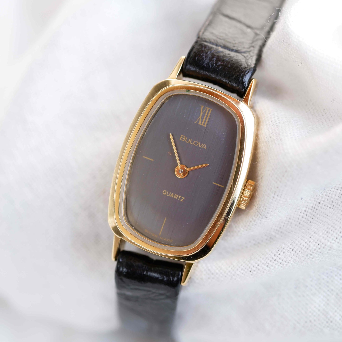 Bulova Tank Watch: Vintage Ladies Golden Watch 80s Blue Dial - NOS