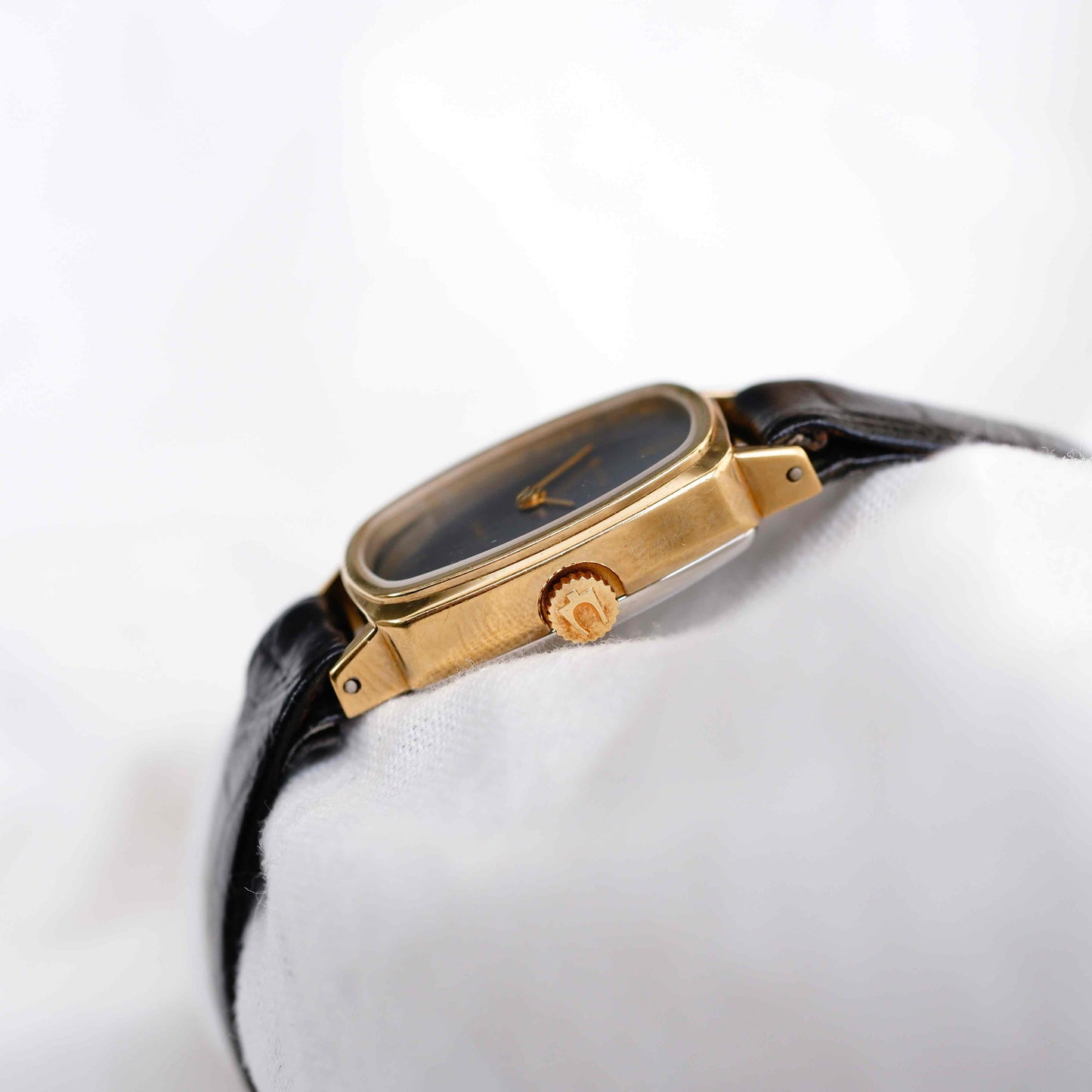 Bulova Tank Watch: Vintage Ladies Golden Watch 80s Blue Dial - NOS