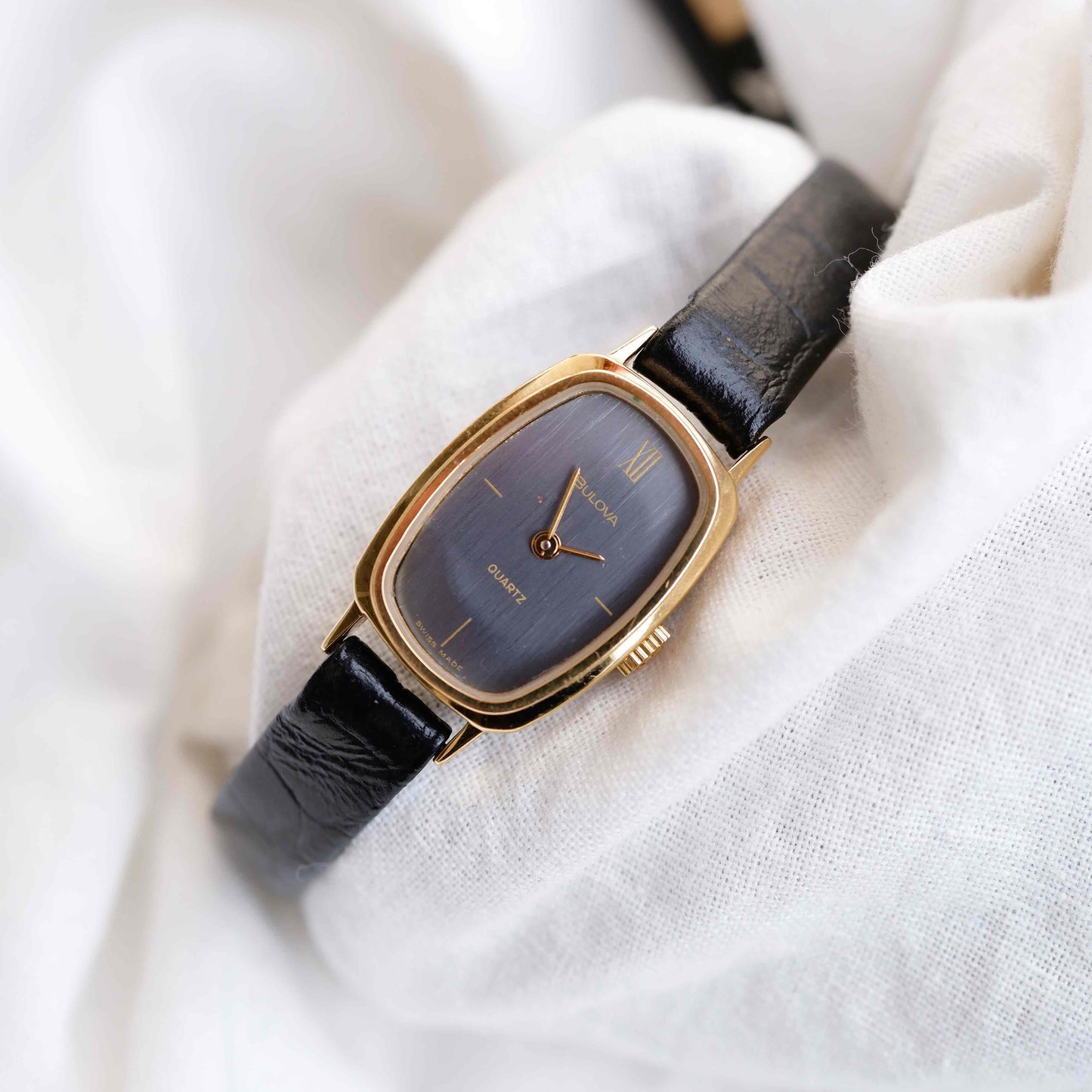 Bulova Tank Watch: Vintage Ladies Golden Watch 80s Blue Dial - NOS
