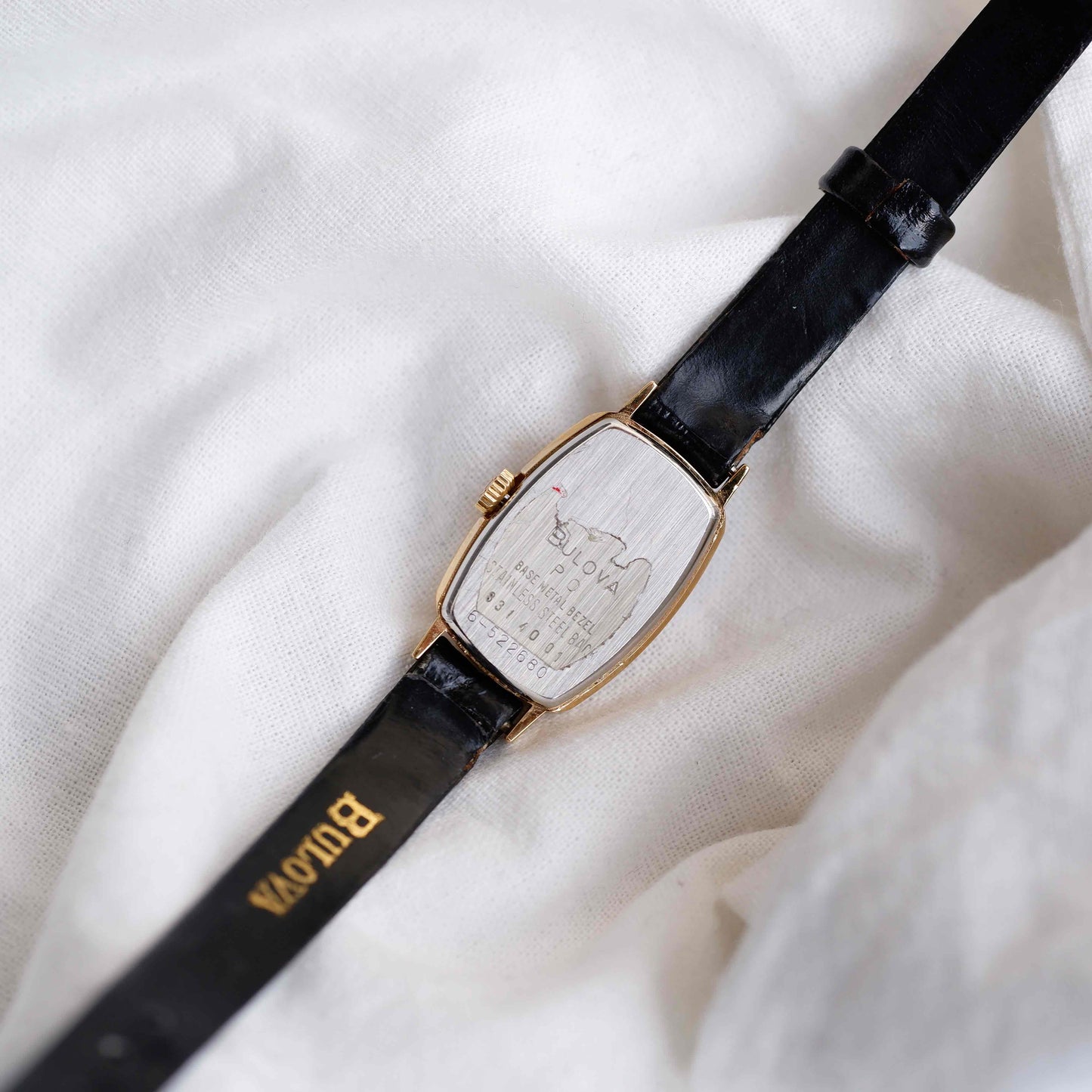 Bulova Tank Watch: Vintage Ladies Golden Watch 80s Blue Dial - NOS