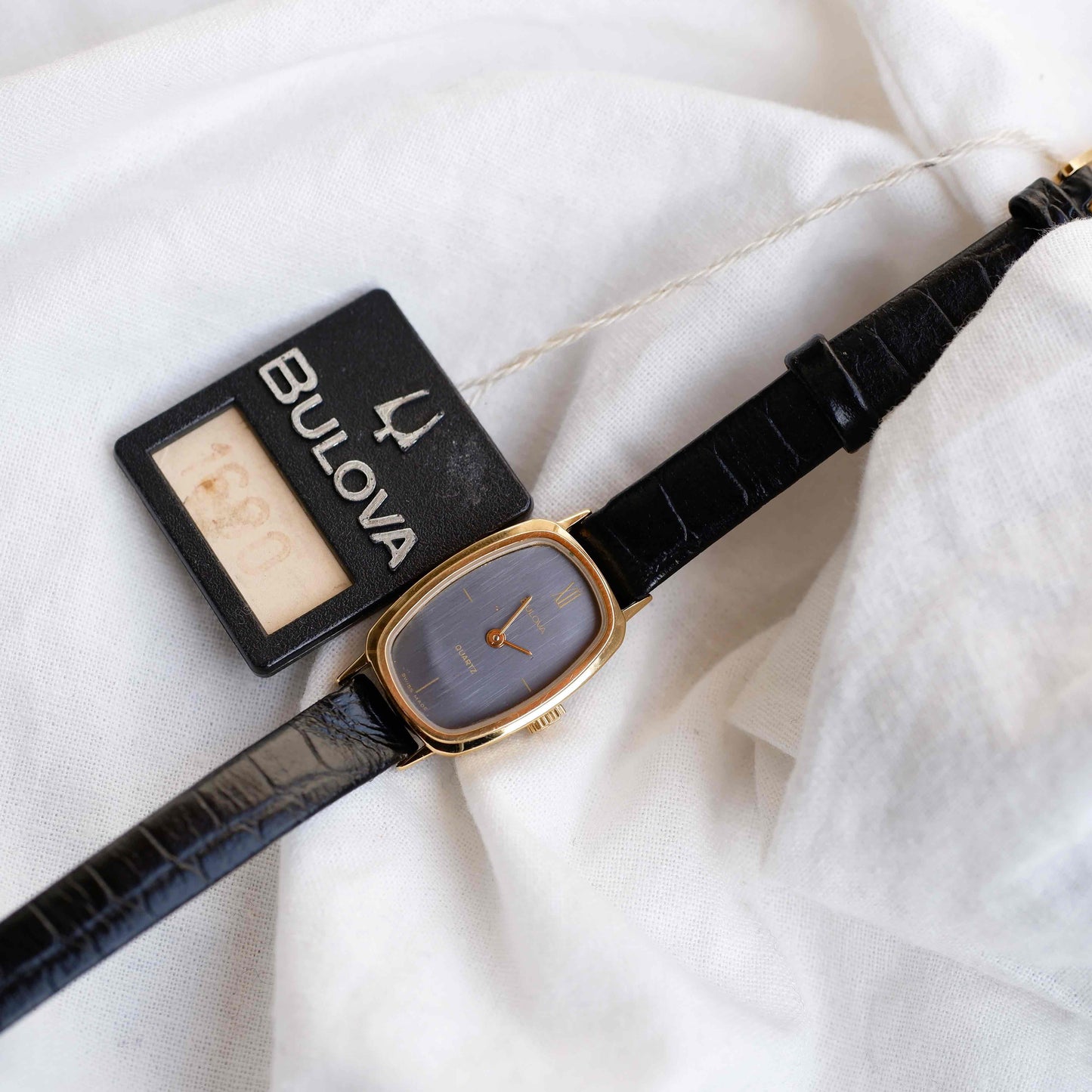 Bulova Tank Watch: Vintage Ladies Golden Watch 80s Blue Dial - NOS