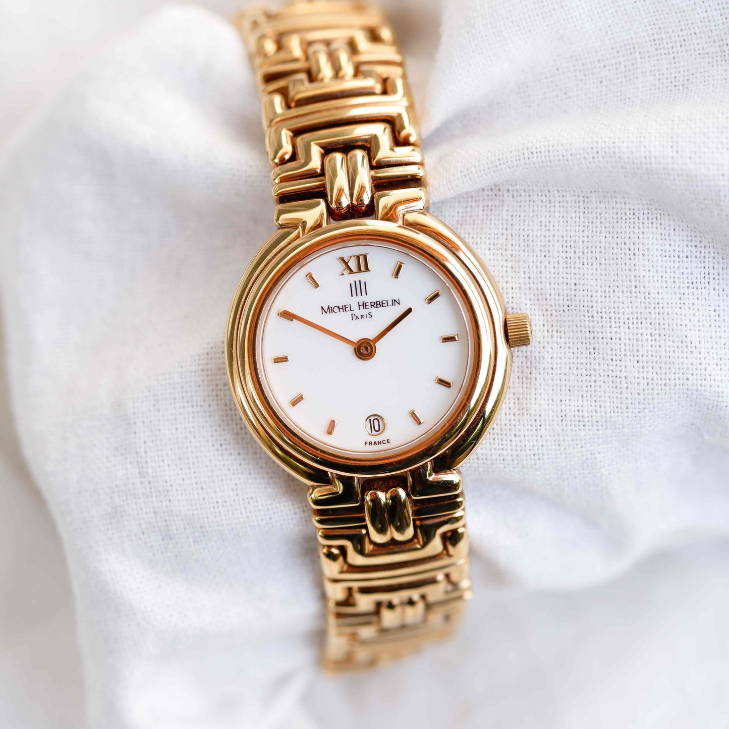 Michel Herbelin Cocktail Watch: Vintage Ladies 90s Golden with White Dial Unused