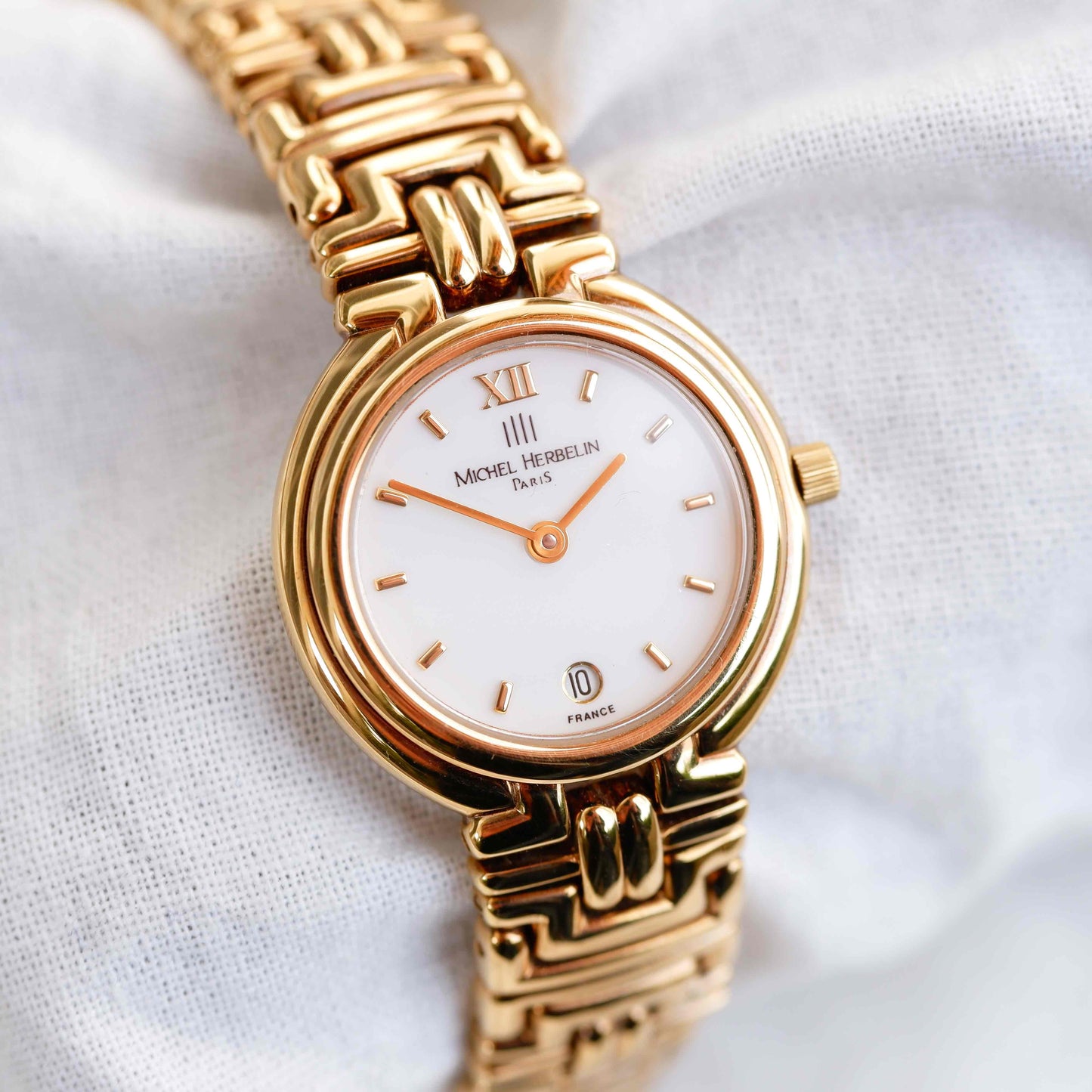 Michel Herbelin Cocktail Watch: Vintage Ladies 90s Golden with White Dial Unused