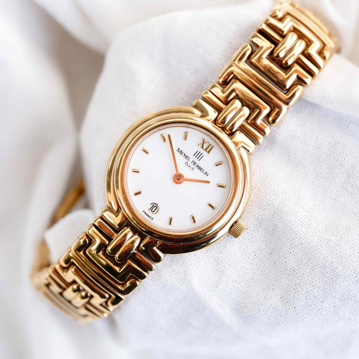 Michel Herbelin Cocktail Watch: Vintage Ladies 90s Golden with White Dial Unused