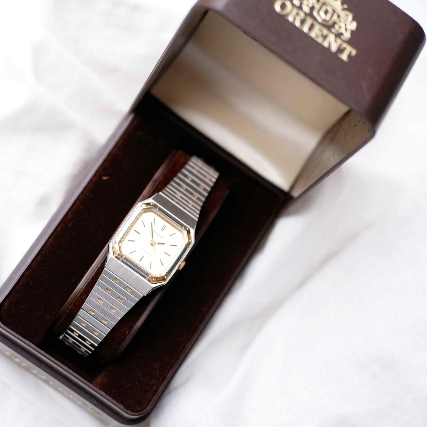 Orient Vintage Watch: Ladies 80s Golden Two Tone Rectangular Style