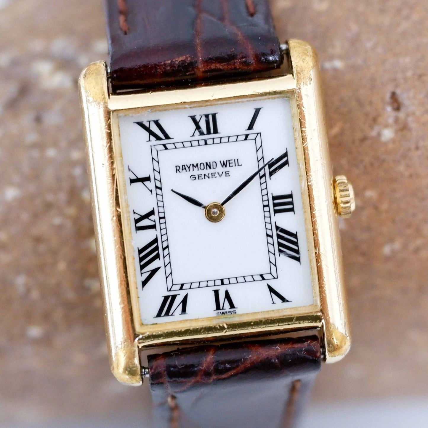 Raymond Weil Vintage Ladies Watch: 90s Golden Rectangular Style with Roman Numerals | First Front Side
