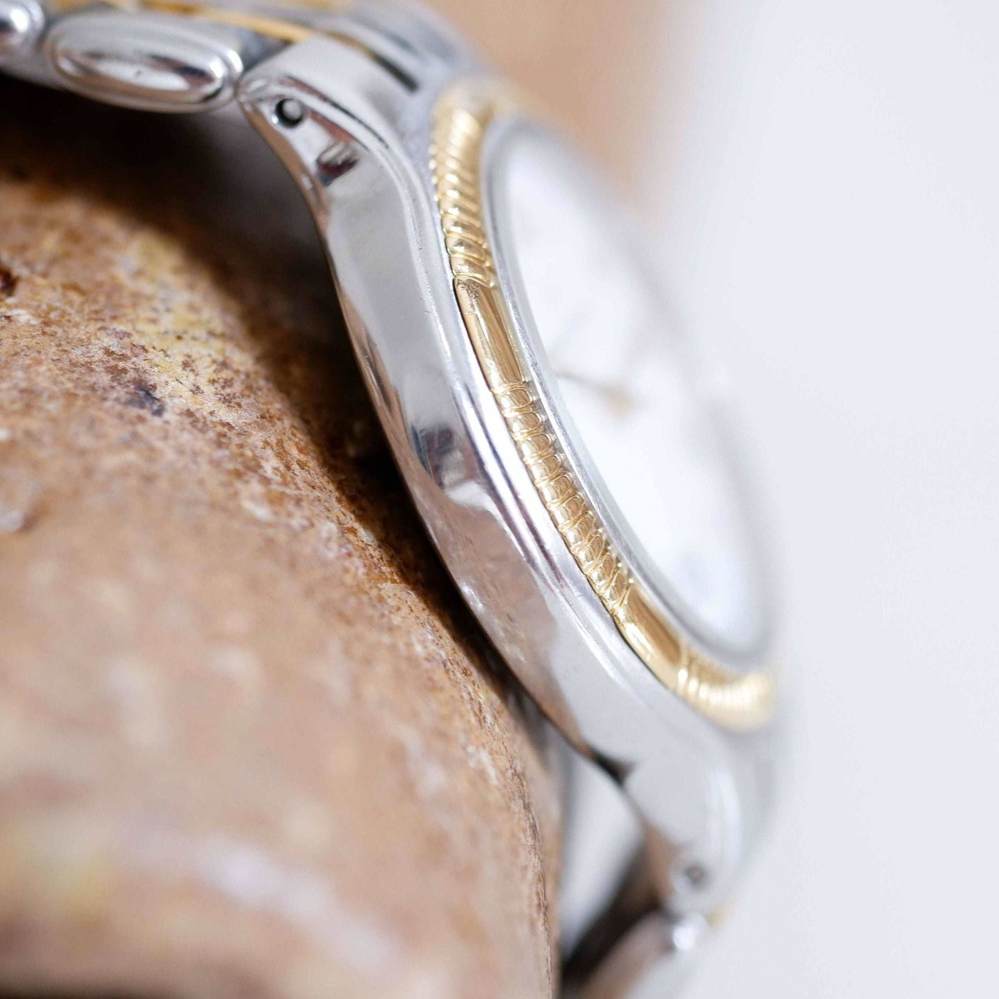 Michel Herbelin Vintage Ladies Watch: 90s Golden Two Tone Classic with Roman Numerals, Side View Left