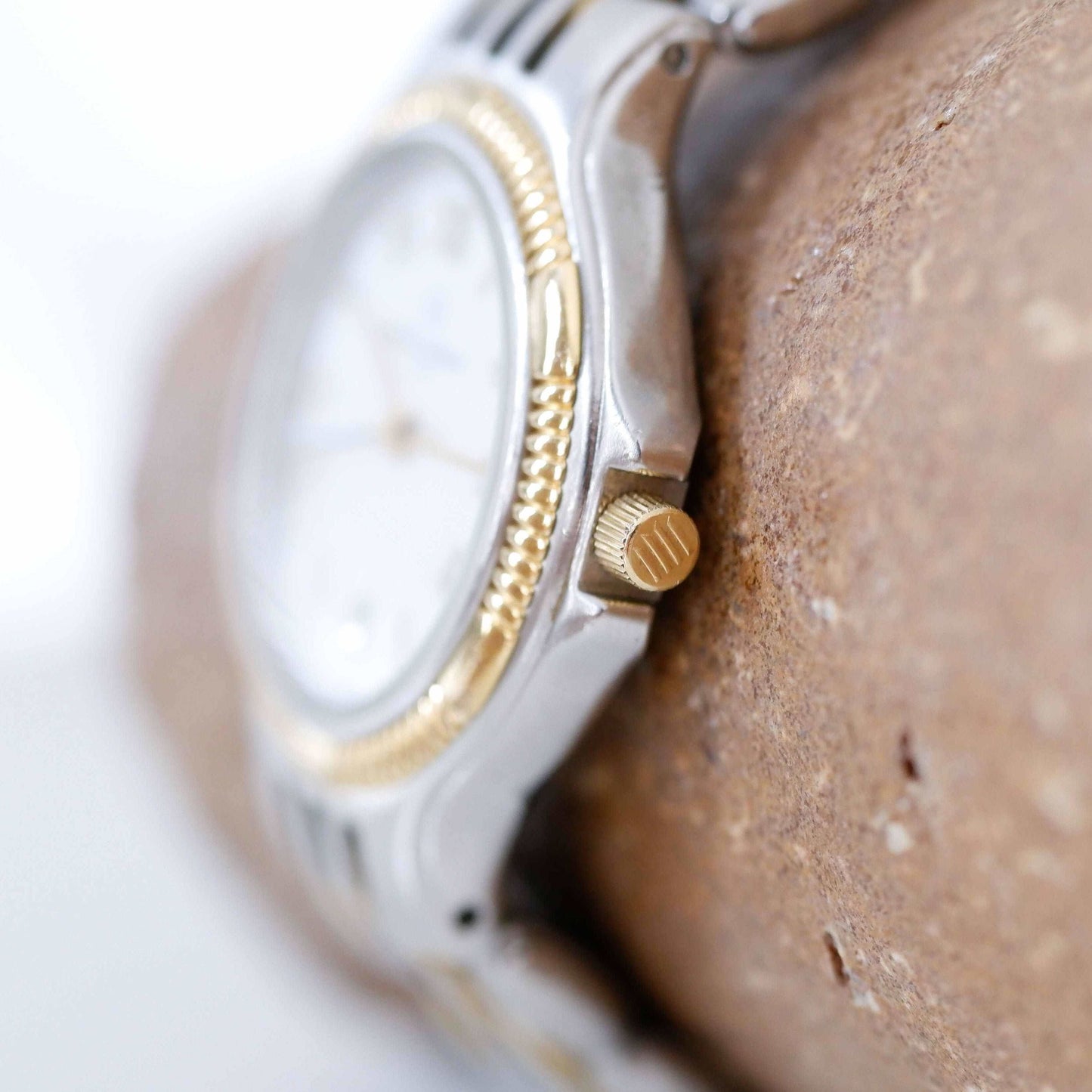 Michel Herbelin Vintage Ladies Watch: 90s Golden Two Tone Classic with Roman Numerals, Side View Right