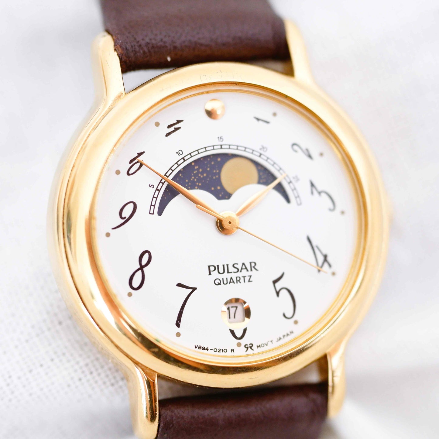 Pulsar Moon Phase Watch: Ladies 90s Gold with Elegant Numerals Blue White Dial