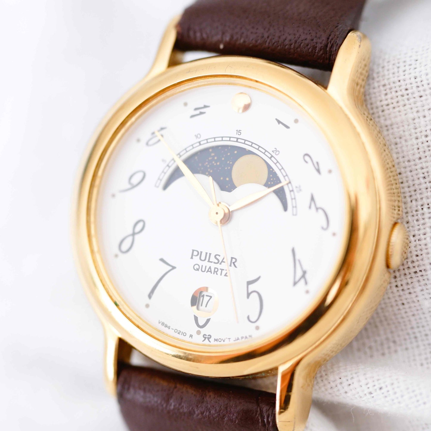 Pulsar Moon Phase Watch: Ladies 90s Gold with Elegant Numerals Blue White Dial
