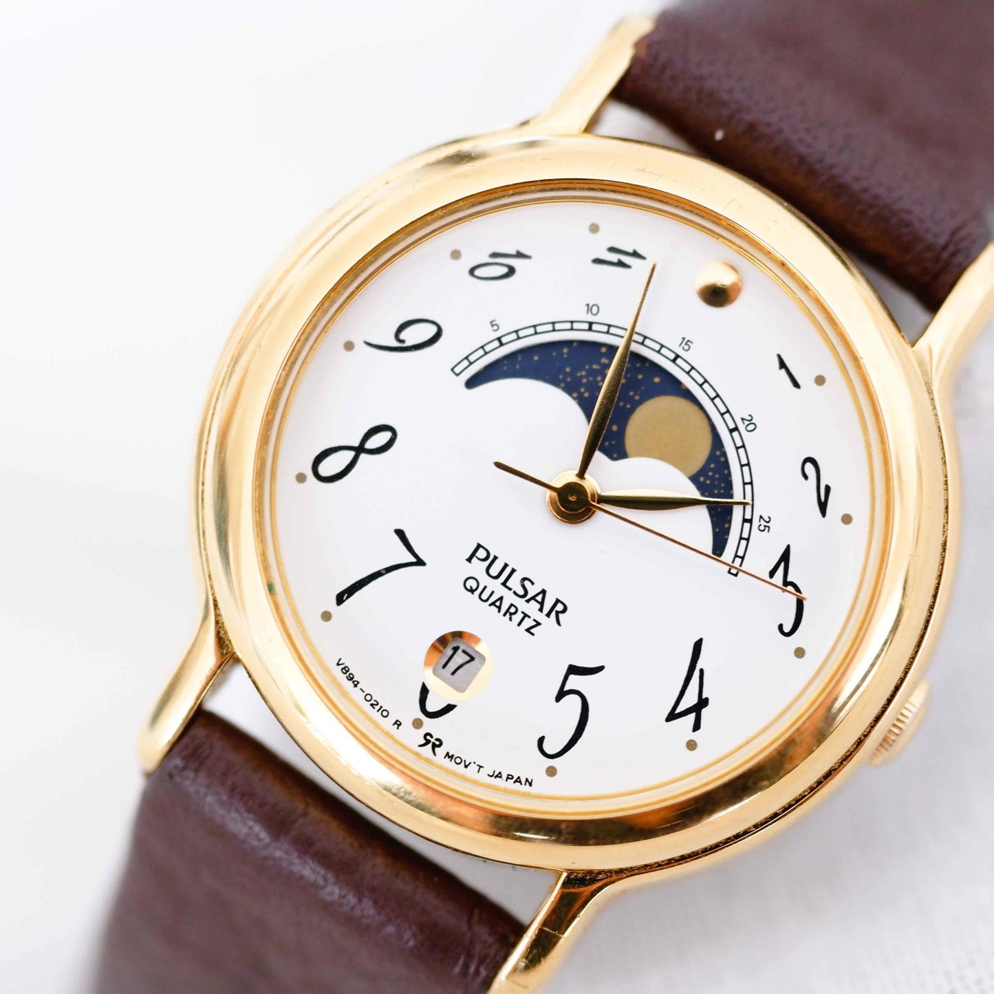 Pulsar Moon Phase Watch: Ladies 90s Gold with Elegant Numerals Blue White Dial