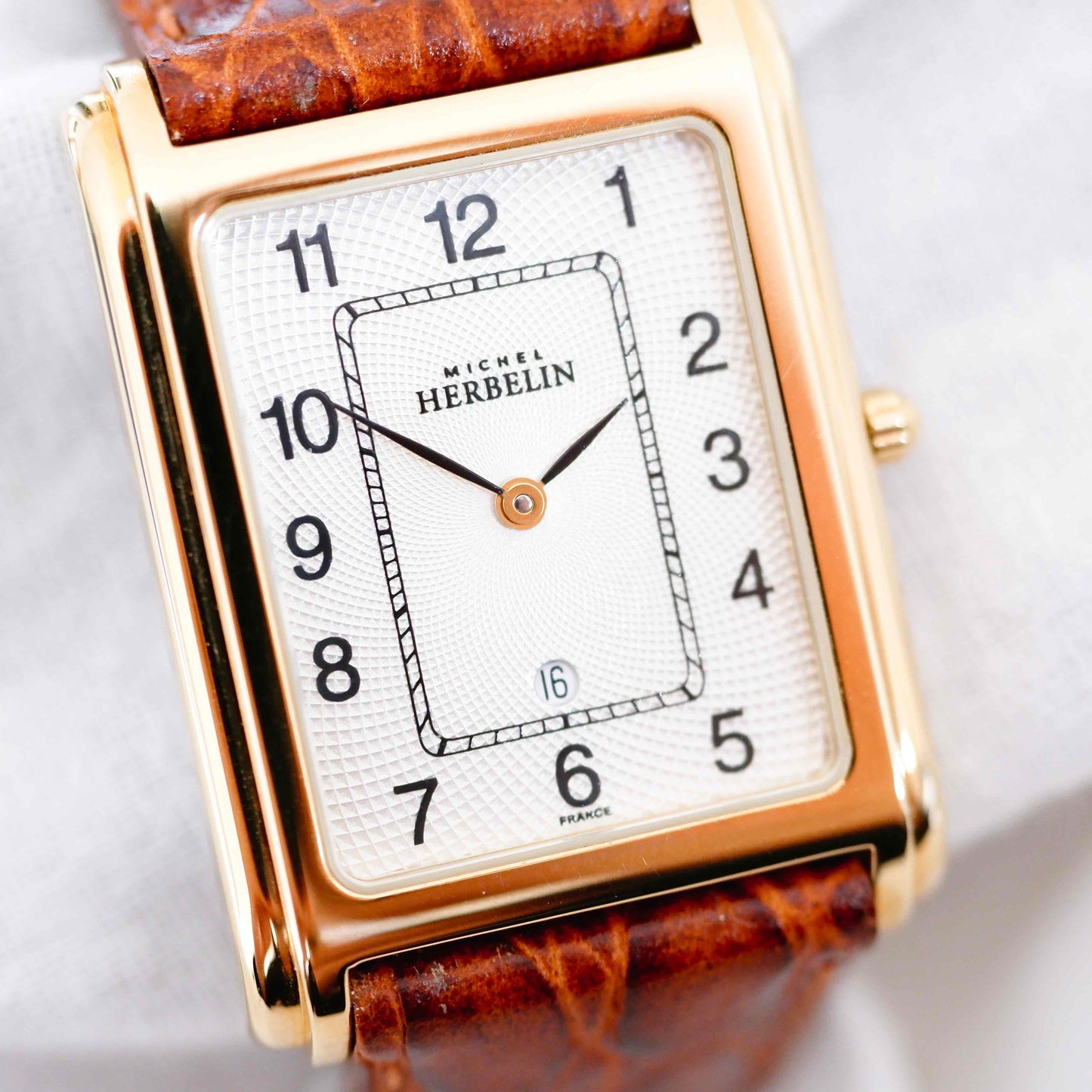 Michel Herbelin Watch: Vintage Ladies 90s Golden White Guilloche Dial - NOS