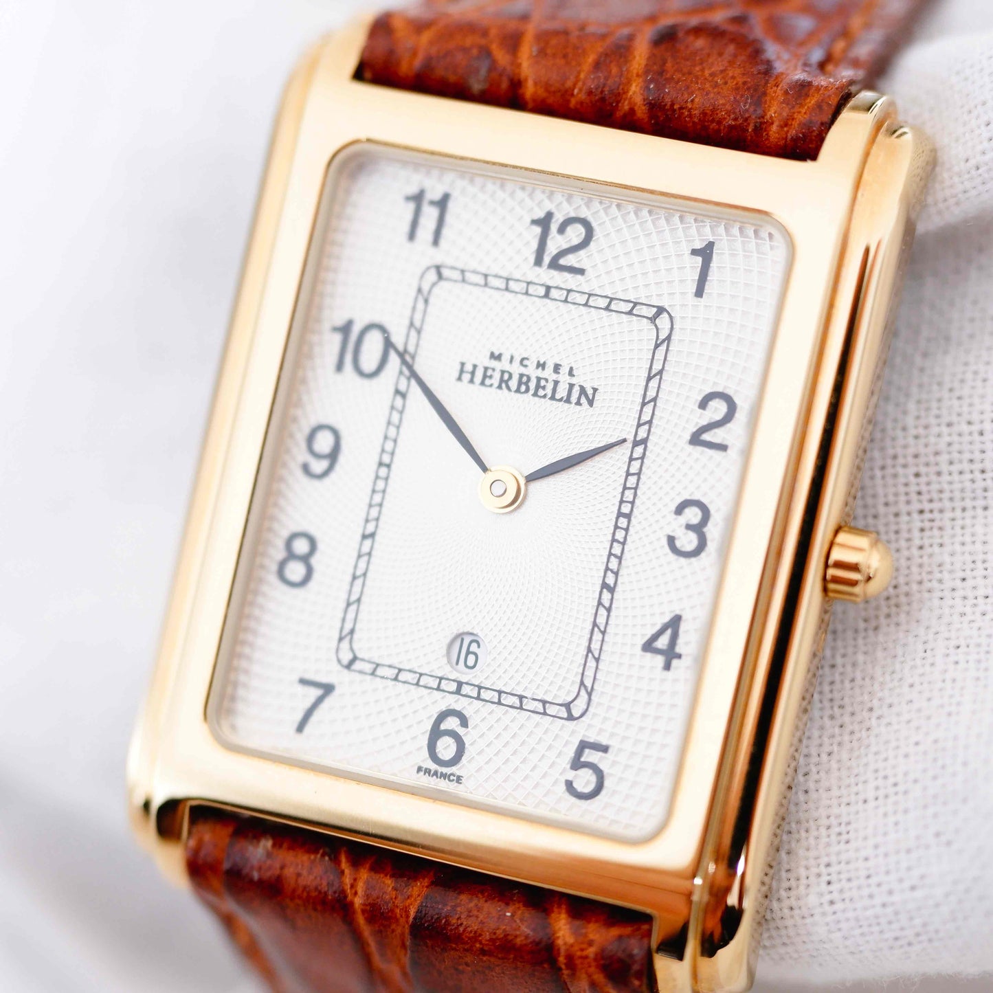 Michel Herbelin Watch: Vintage Ladies 90s Golden White Guilloche Dial - NOS