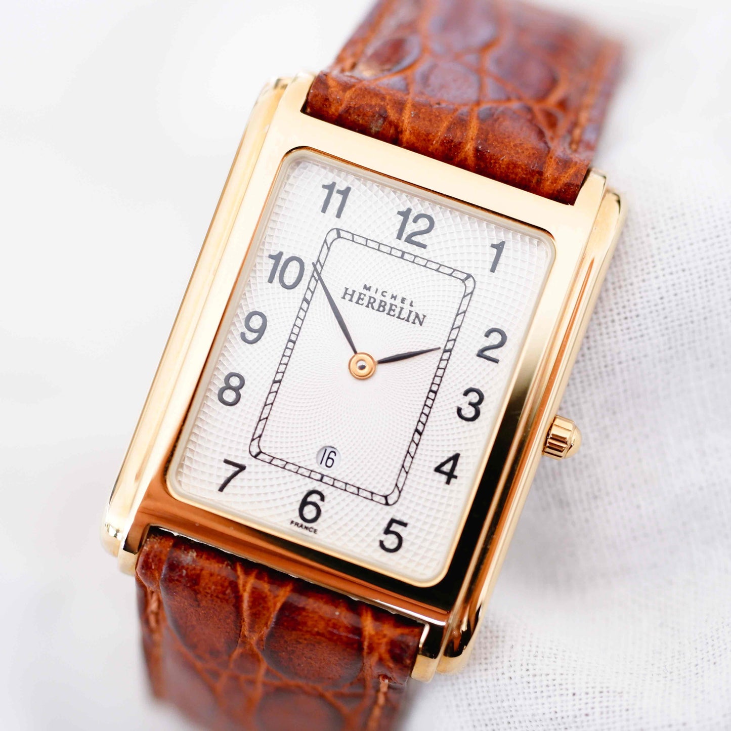 Michel Herbelin Watch: Vintage Ladies 90s Golden White Guilloche Dial - NOS