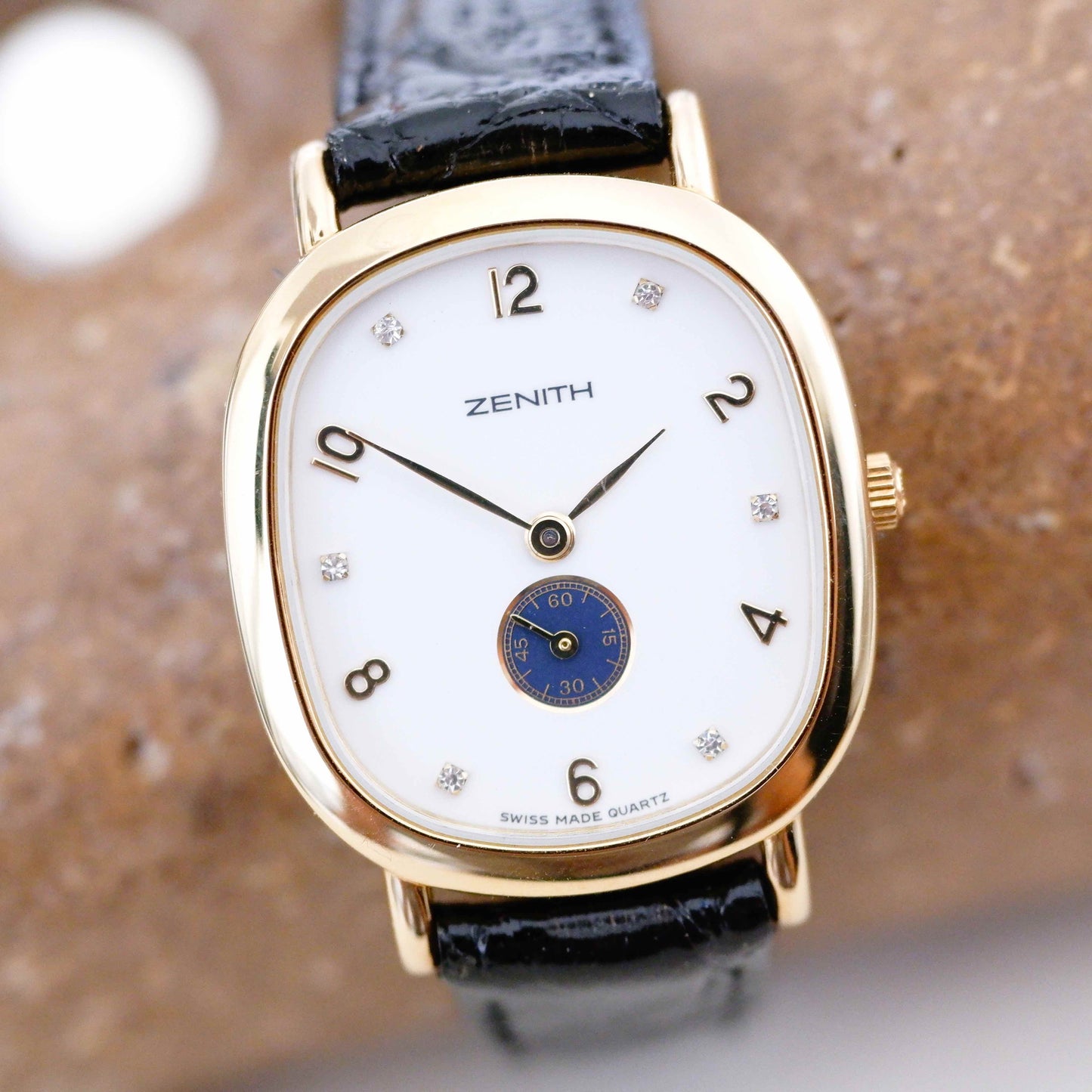 Zenith Vintage Watch: Ladies 90s Gold with Small Second Diamond Set Dial- New Old Stock
