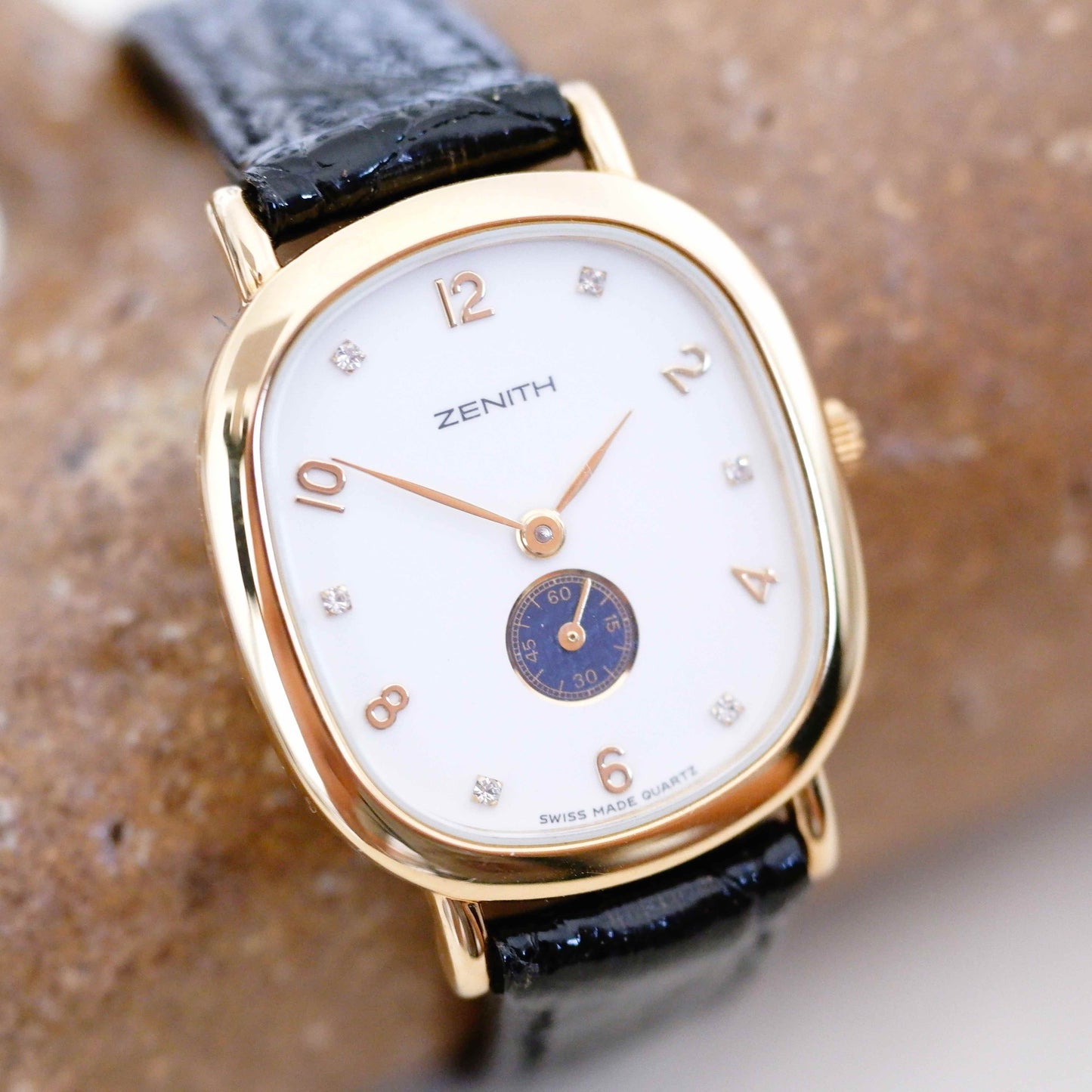 Zenith Vintage Watch: Ladies 90s Gold with Small Second Diamond Set Dial- New Old Stock