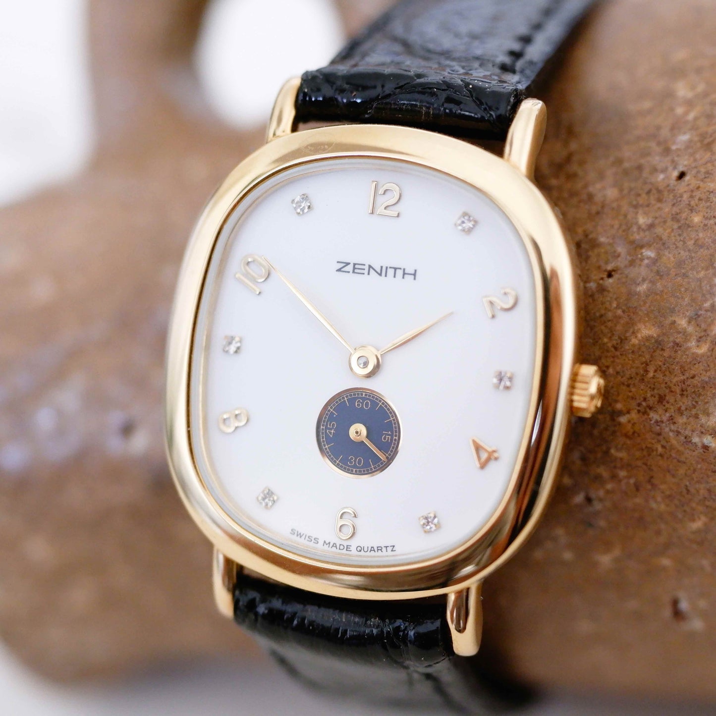 Zenith Vintage Watch: Ladies 90s Gold with Small Second Diamond Set Dial- New Old Stock