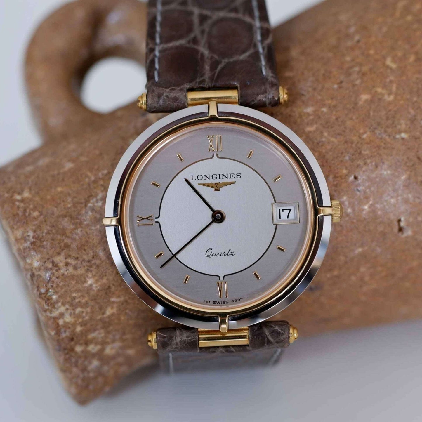 Longines Vintage Ladies Watch: 80s Golden Two Tone, Roman Numerals | Third Front Side