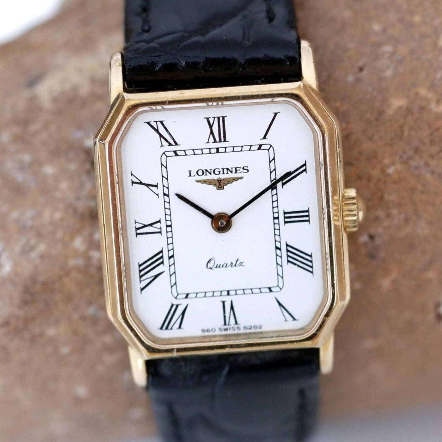 Longines Vintage Ladies Watch: 90s Golden, Rectangular with Roman Numerals | First Front Side