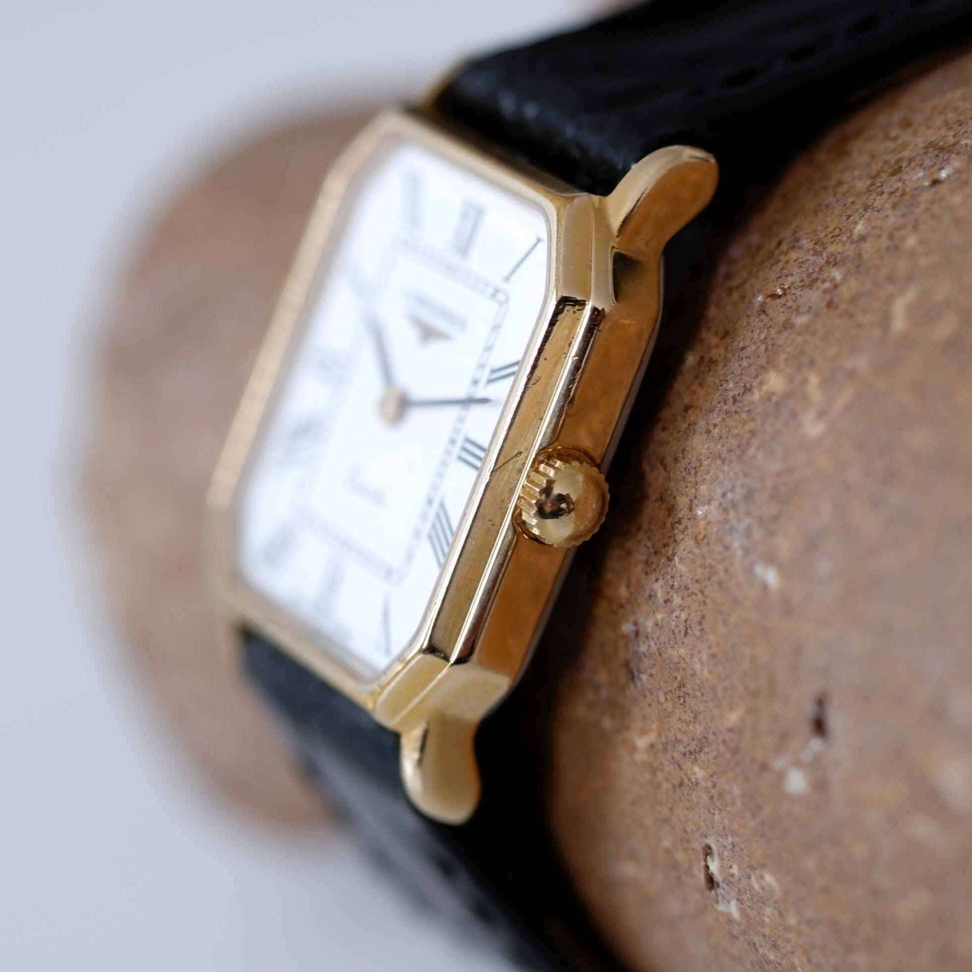 Longines Vintage Ladies Watch: 90s Golden, Rectangular with Roman Numerals | Side View Right