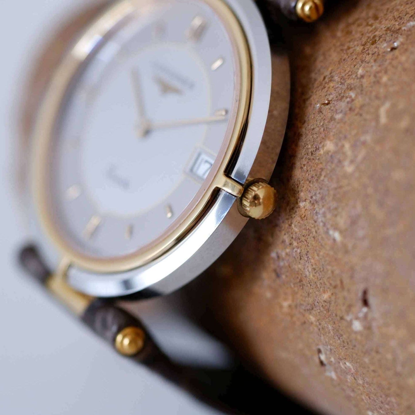 Longines Vintage Ladies Watch: 80s Golden Two Tone, Roman Numerals | Side View Right