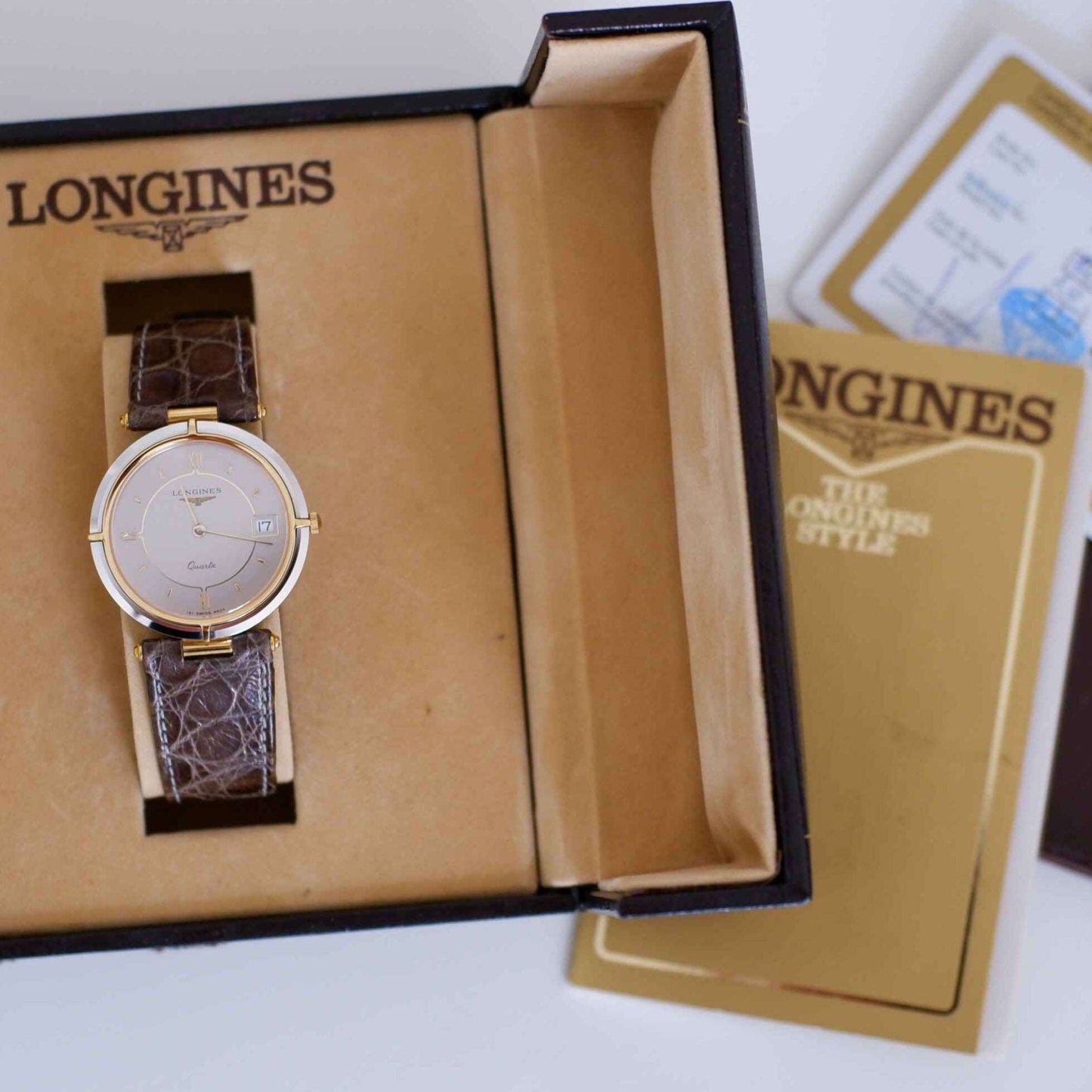 Longines Vintage Ladies Watch: 80s Golden Two Tone, Roman Numerals | Box and Papers