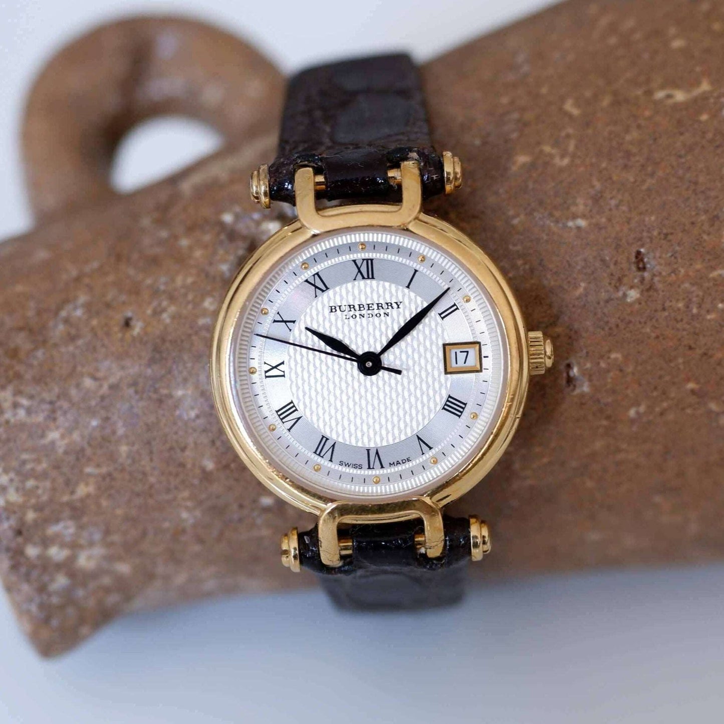 Burberry Vintage Ladies Watch: 90s Golden, Roman Numerals, Guilloche Dial | Second Front Side