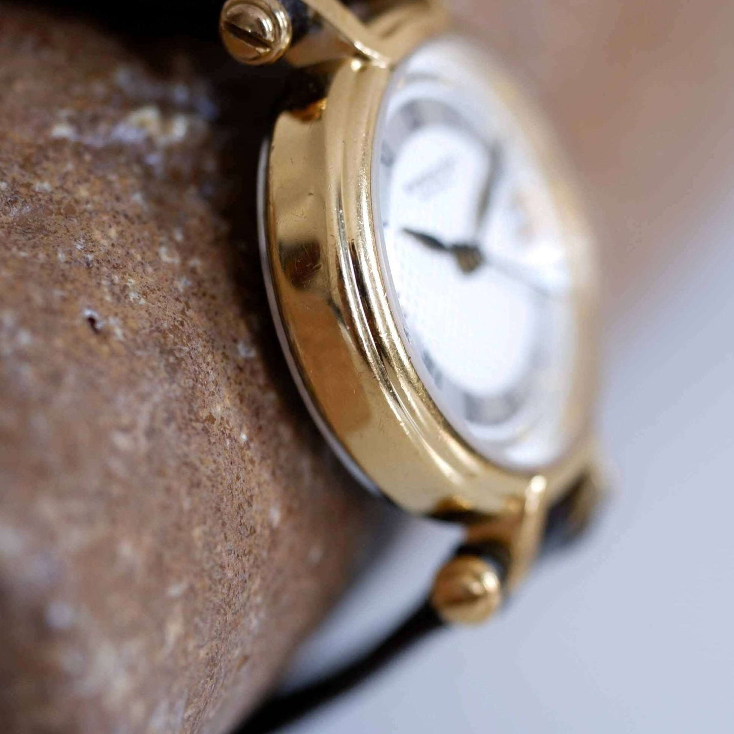 Burberry Vintage Ladies Watch: 90s Golden, Roman Numerals, Guilloche Dial | Side View Left