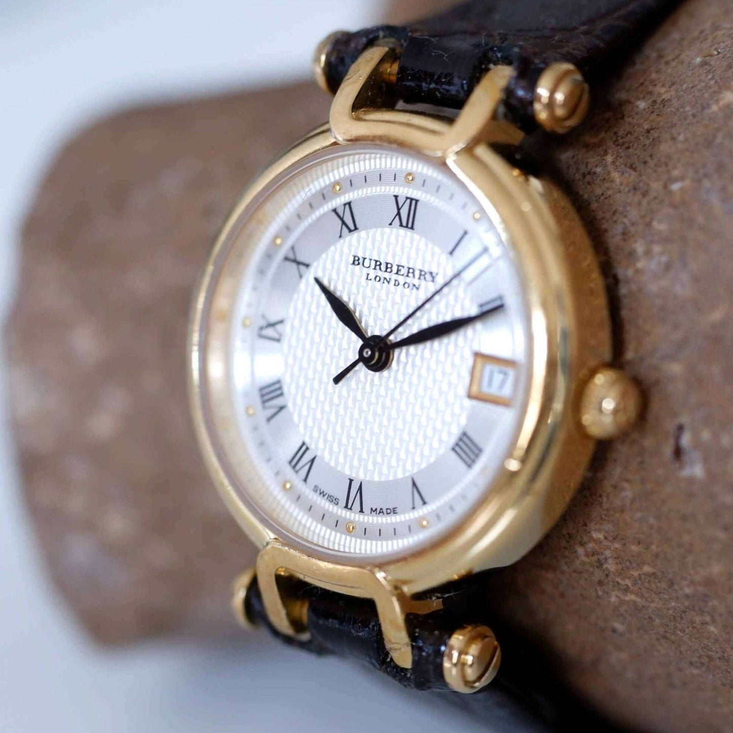 Burberry Vintage Ladies Watch: 90s Golden, Roman Numerals, Guilloche Dial | Slight Right Side