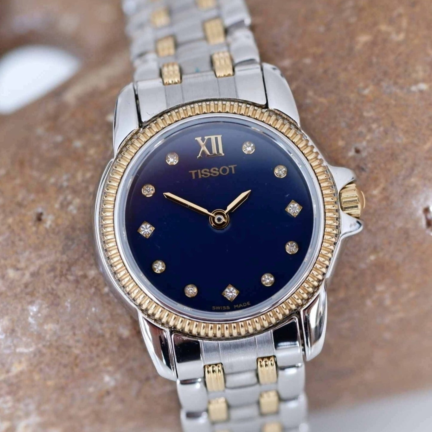 Tissot Vintage Ladies Watch: 2000s Two Tone Iconic with Blue Diamont-Set Dial | First Front Side