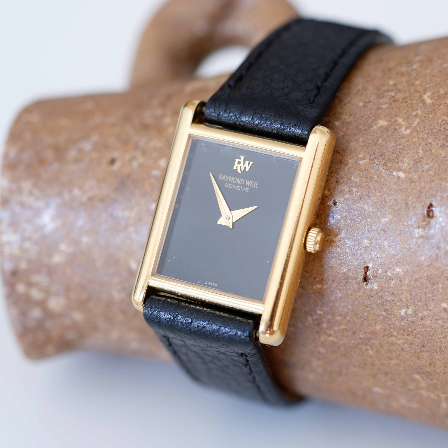 Raymond Weil Vintage Ladies Watch: 90s Golden Rectangular Style with Black Dial | Slight Right Side