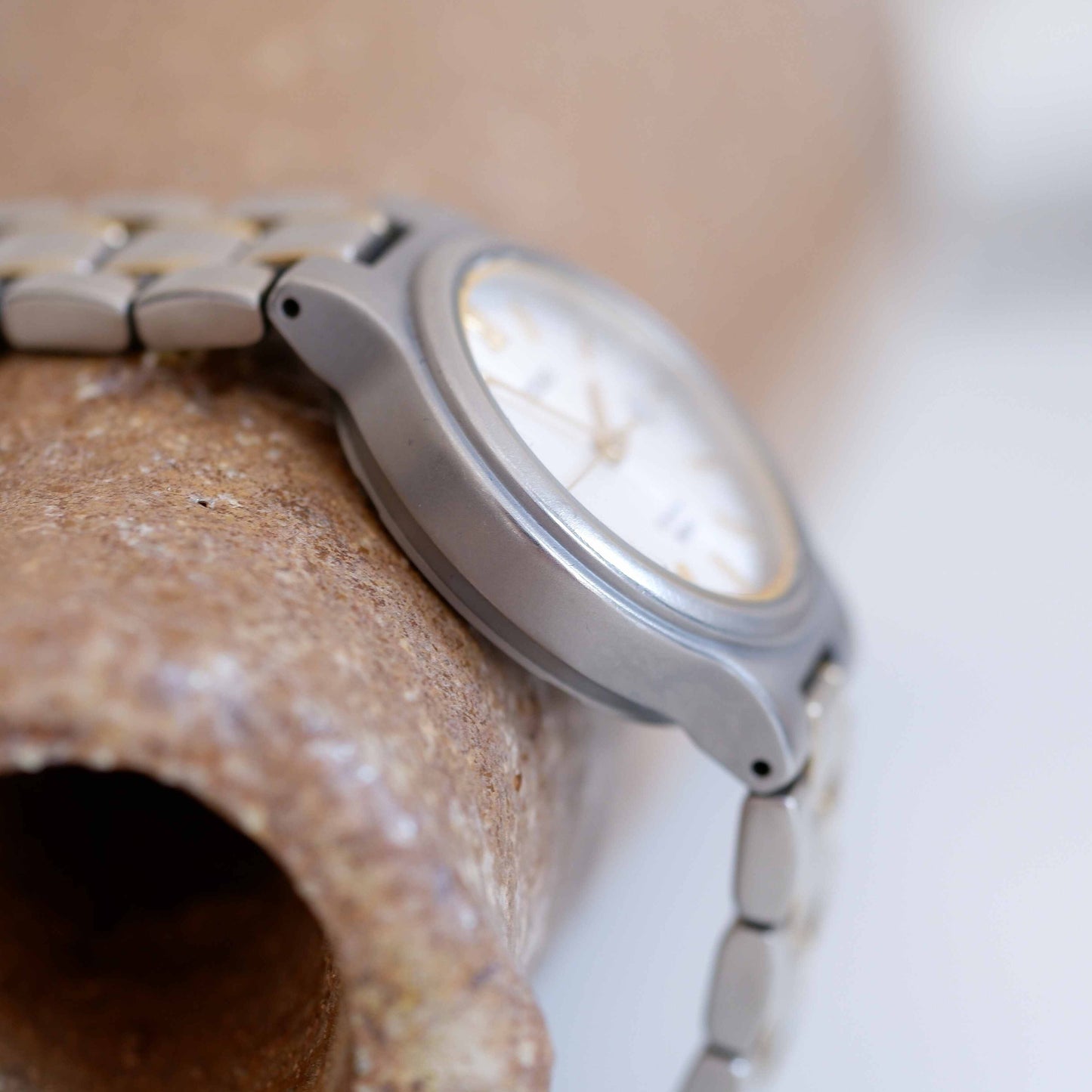 Seiko Vintage Ladies Watch: 90s Gold Titan Diver with Classic Silver Dial | Side View Left