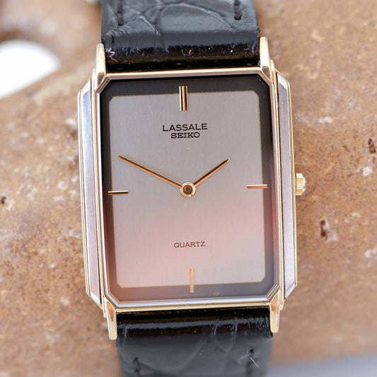 Seiko Lassale Vintage Ladies Watch: 80s Two-Tone Rectangular Style with Gray Dial | First Front Side