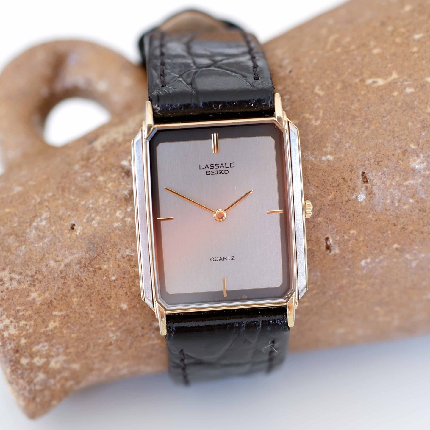 Seiko Lassale Vintage Ladies Watch: 80s Two-Tone Rectangular Style with Gray Dial | Second Front Side