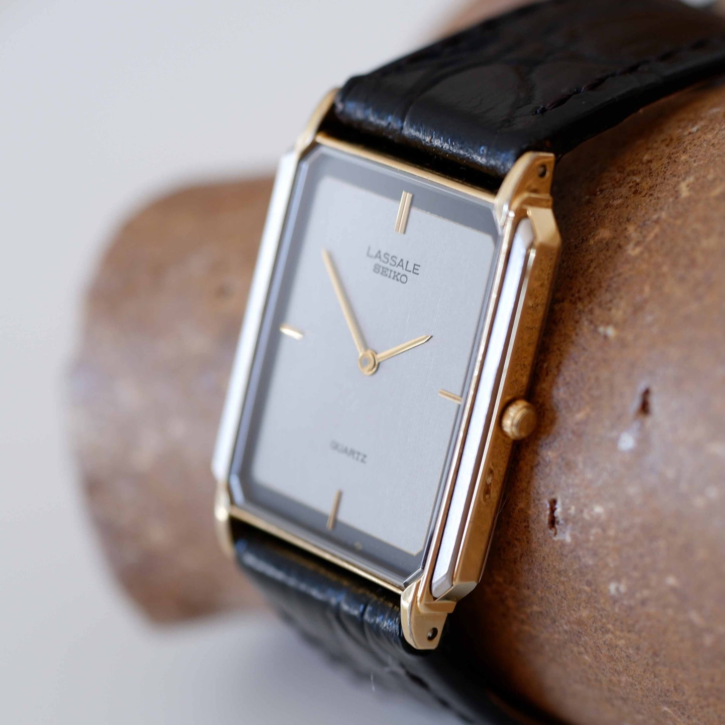 Seiko Lassale Vintage Ladies Watch: 80s Two-Tone Rectangular Style with Gray Dial | Slight Right View