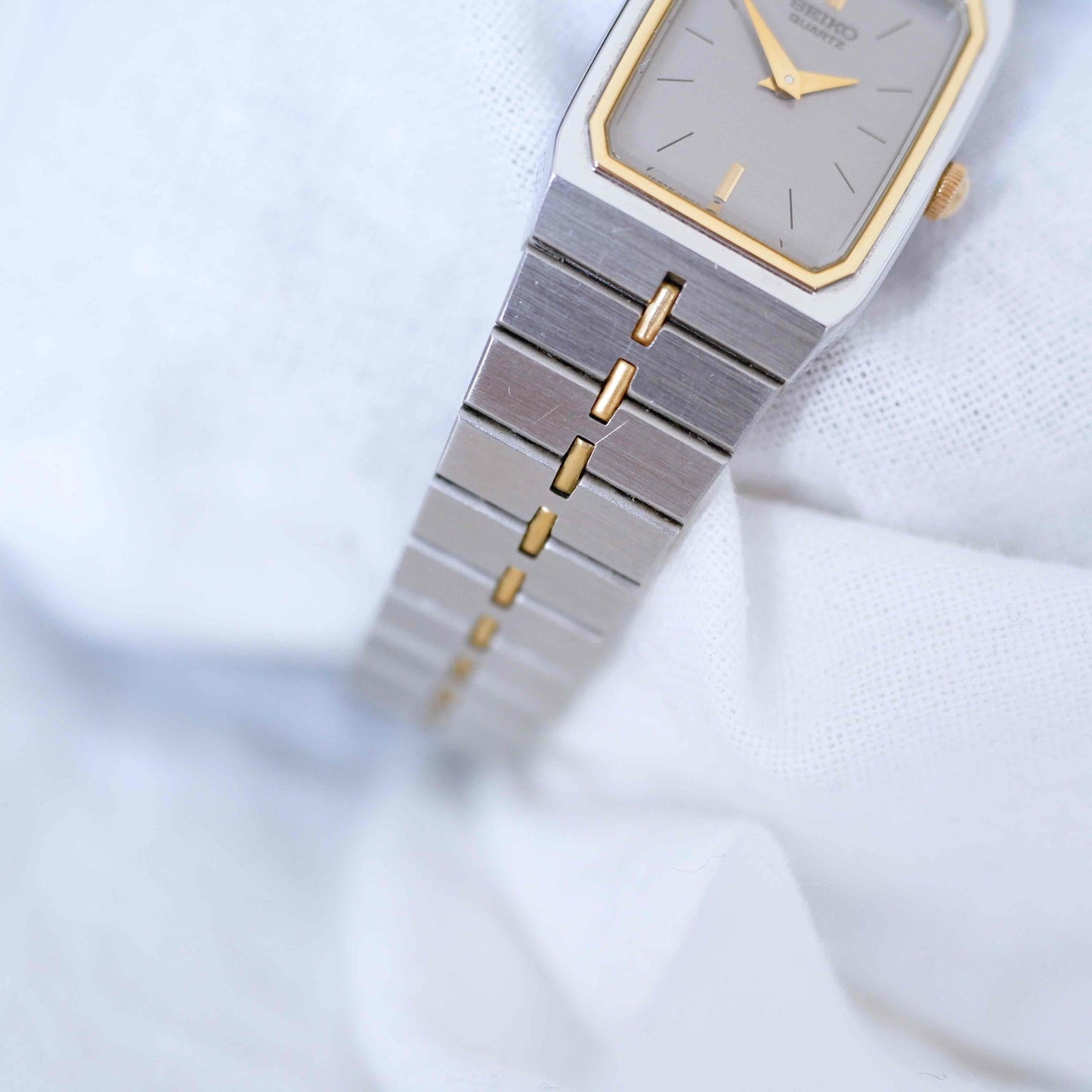Seiko Dainty Cocktail Watch: Ladies Vintage 80s Two-Tone Gray and Gold Dial NOS