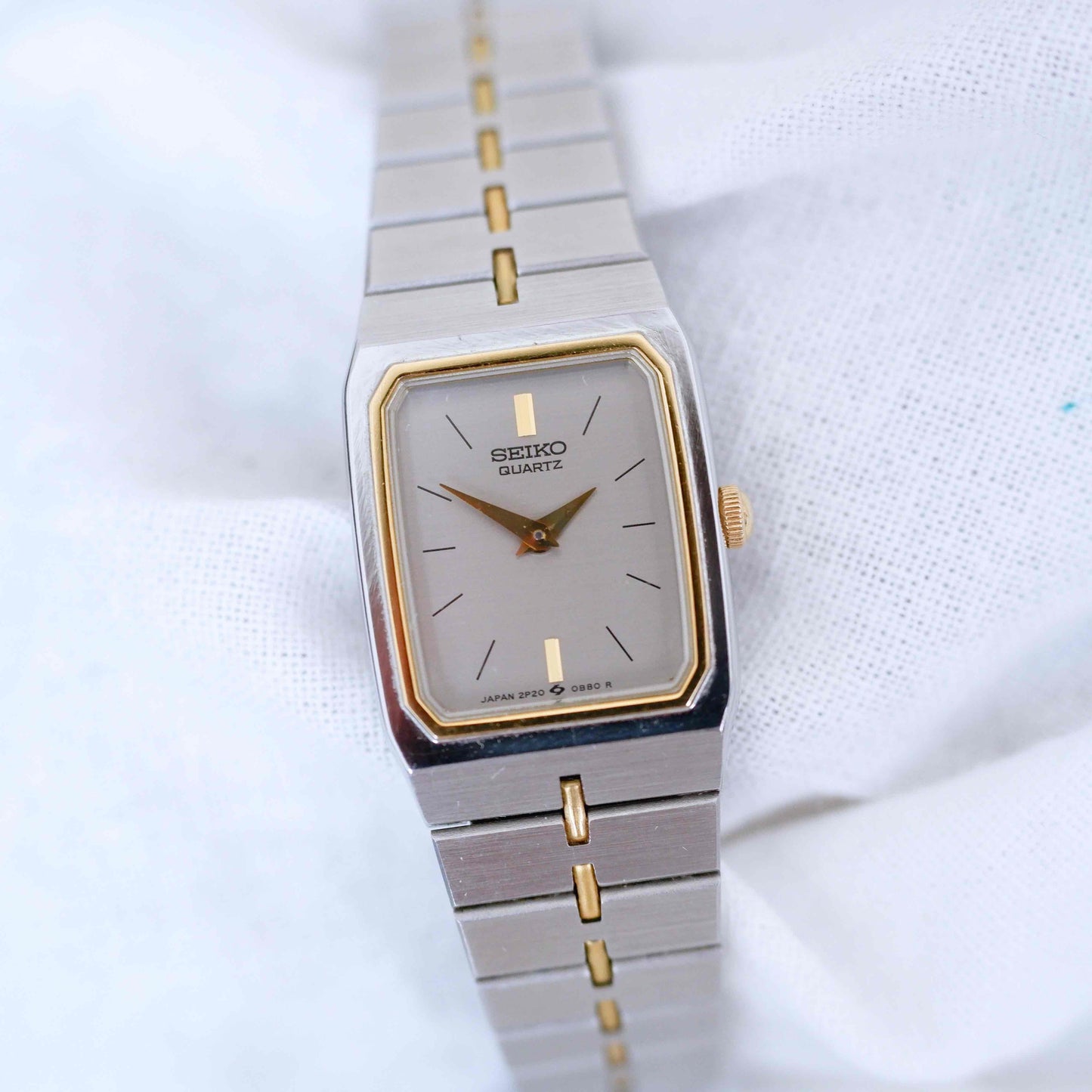 Seiko Dainty Cocktail Watch: Ladies Vintage 80s Two-Tone Gray and Gold Dial NOS