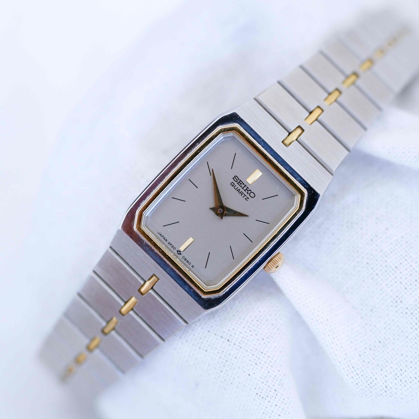 Seiko Dainty Cocktail Watch: Ladies Vintage 80s Two-Tone Gray and Gold Dial NOS