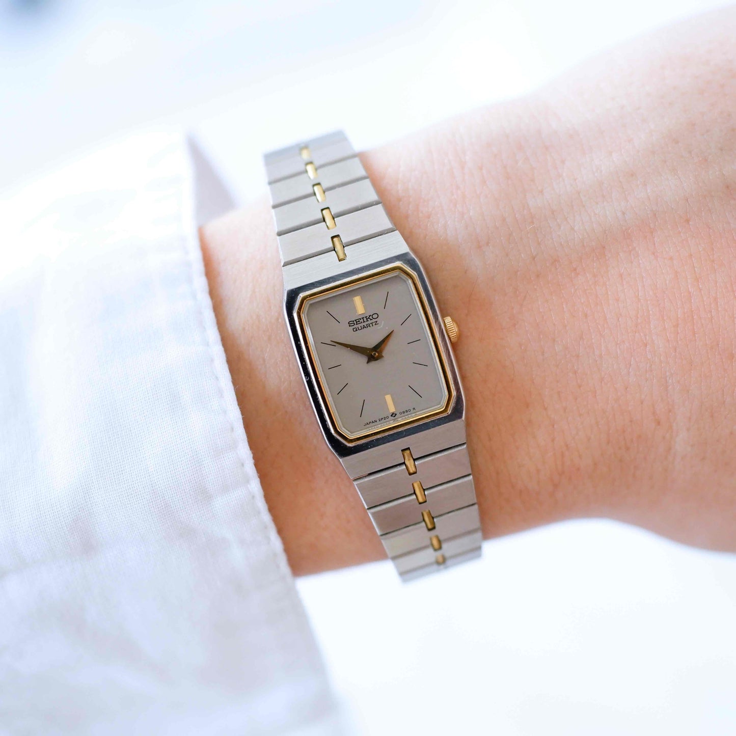 Seiko Dainty Cocktail Watch: Ladies Vintage 80s Two-Tone Gray and Gold Dial NOS